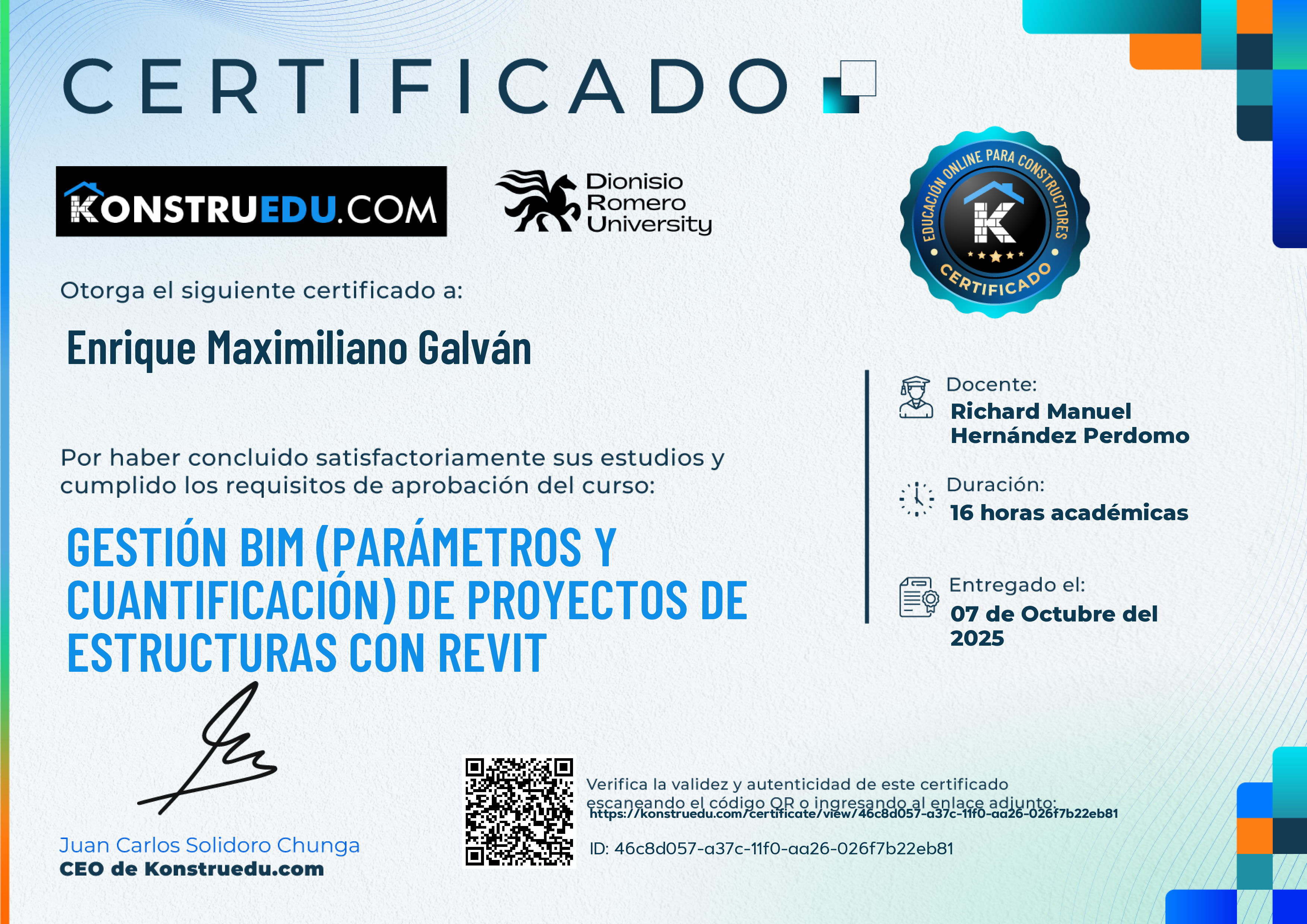 Credencial de Gestión BIM (Parámetros y cuantificación) de proyectos de estructuras con Revit