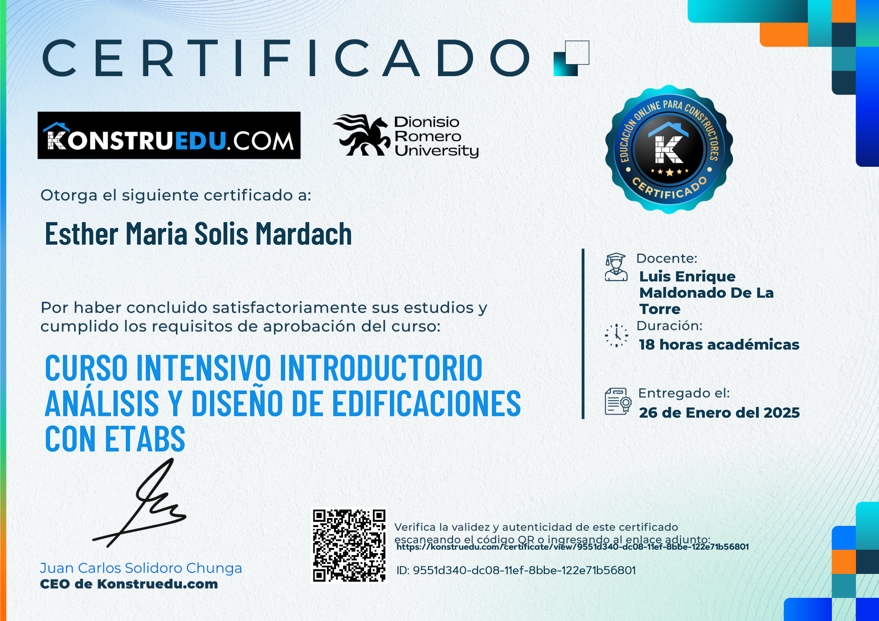 Credencial de Curso intensivo Análisis y Diseño de Edificaciones con ETABS - Introductorio