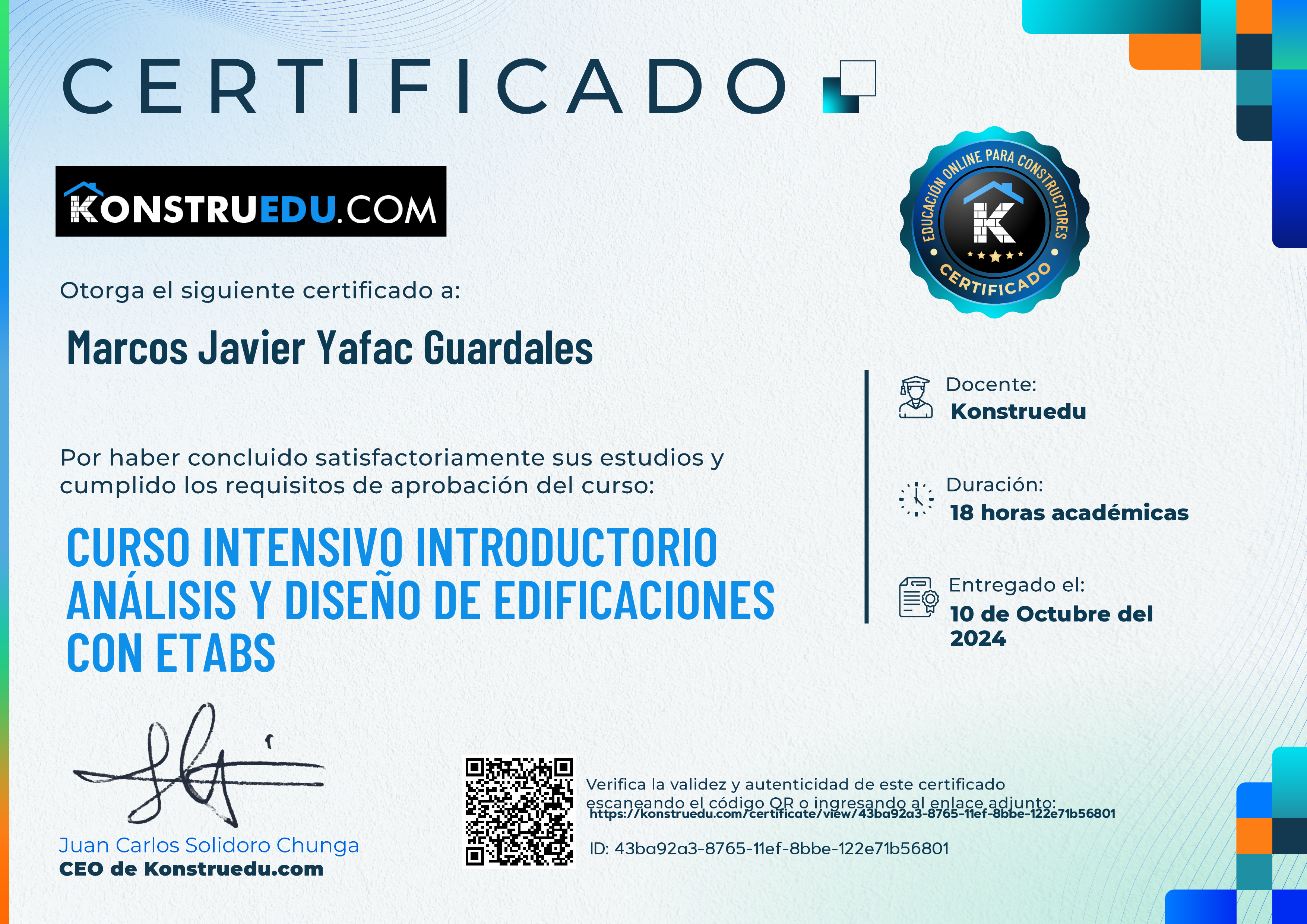 Credencial de Curso intensivo Análisis y Diseño de Edificaciones con ETABS - Introductorio