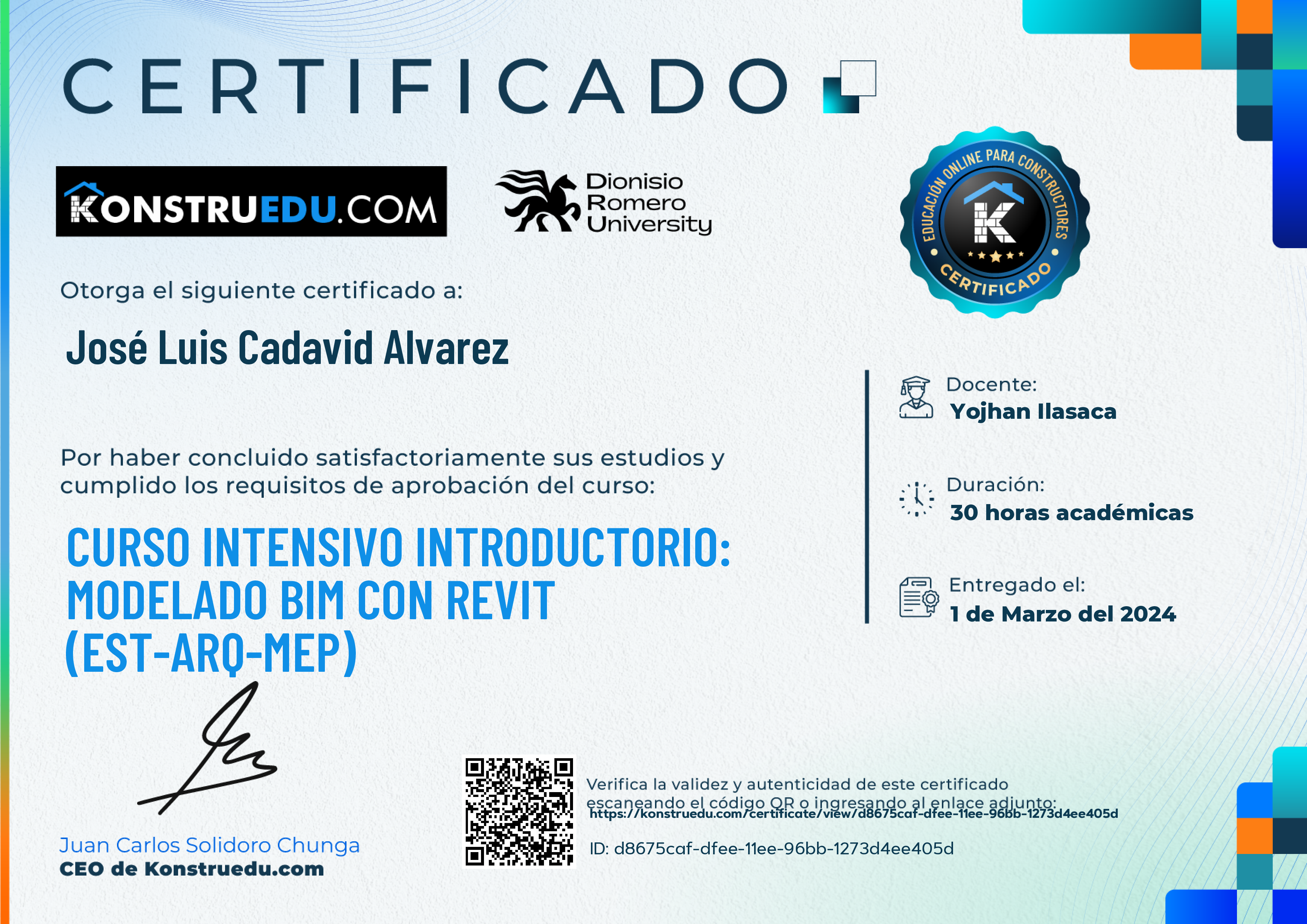 Credencial de Curso intensivo 4ra Edición: Modelado BIM con Revit Introductorio