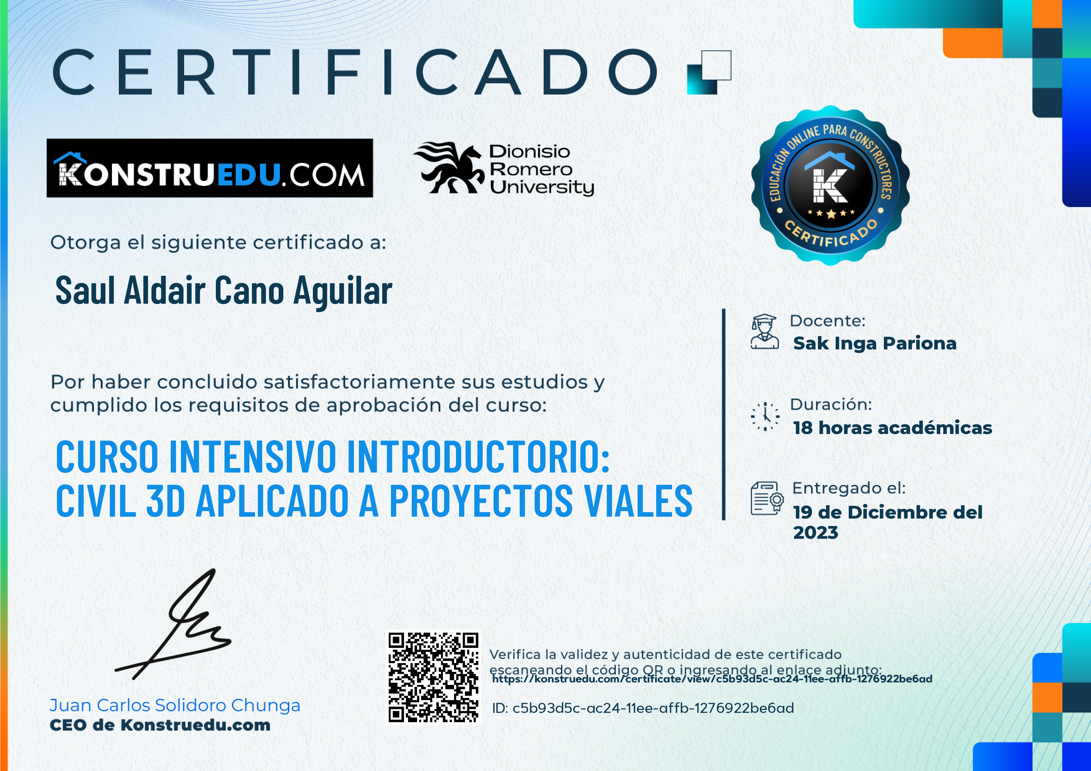 Credencial de Curso intensivo: Civil 3D aplicado a proyectos viales