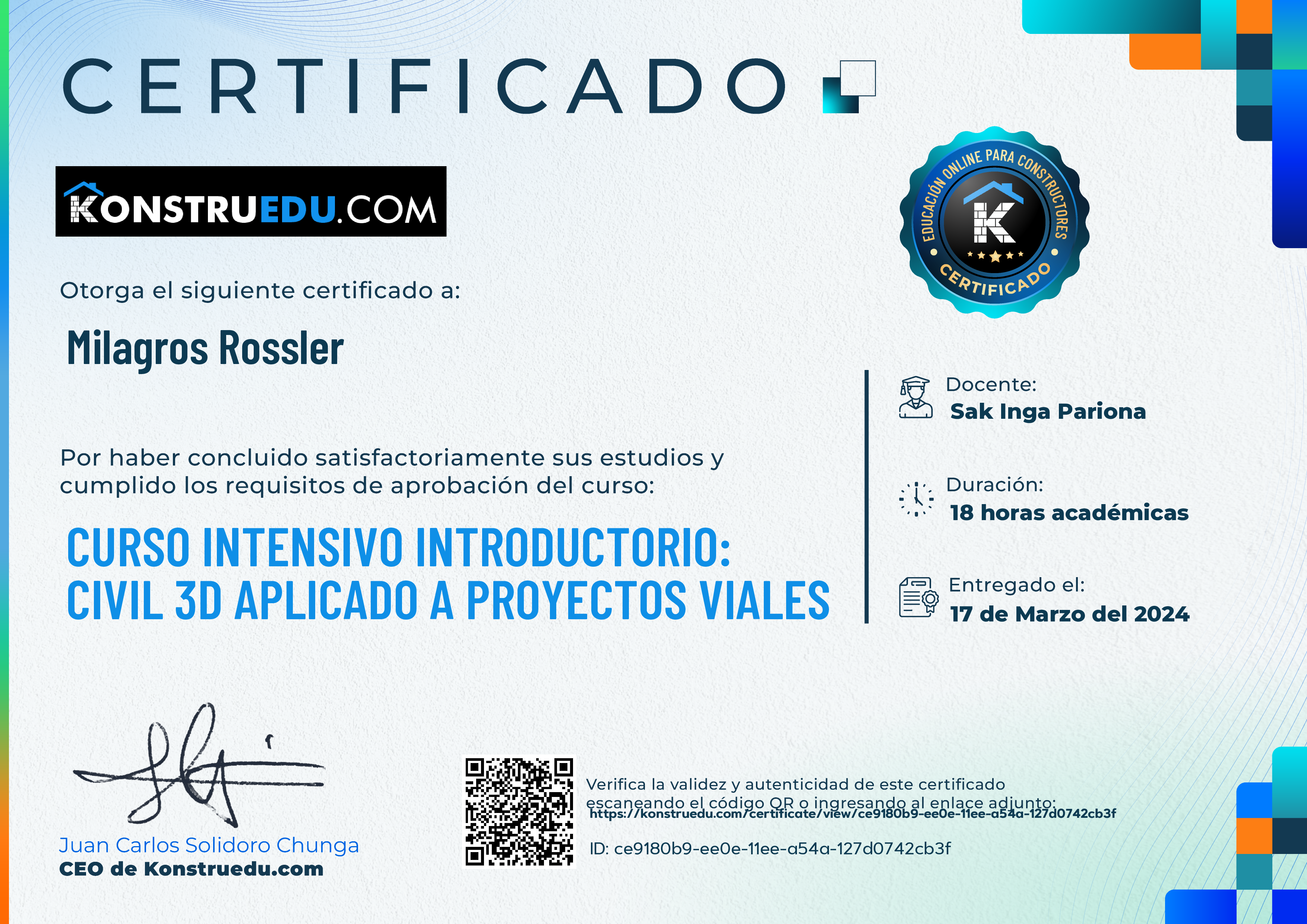 Credencial de Curso intensivo 2da Edición: Civil 3D aplicado a proyectos viales