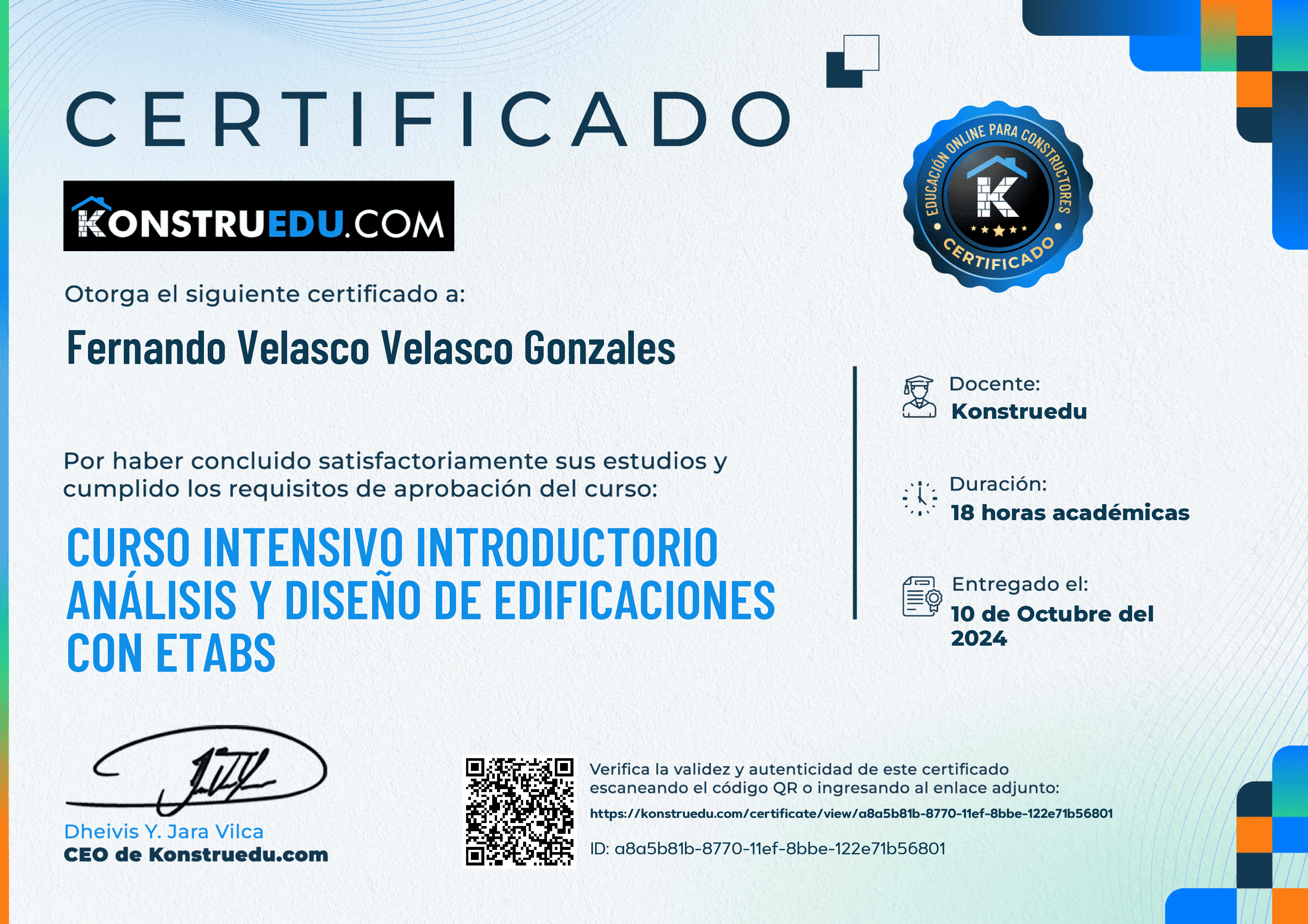 Credencial de Curso intensivo Análisis y Diseño de Edificaciones con ETABS - Introductorio