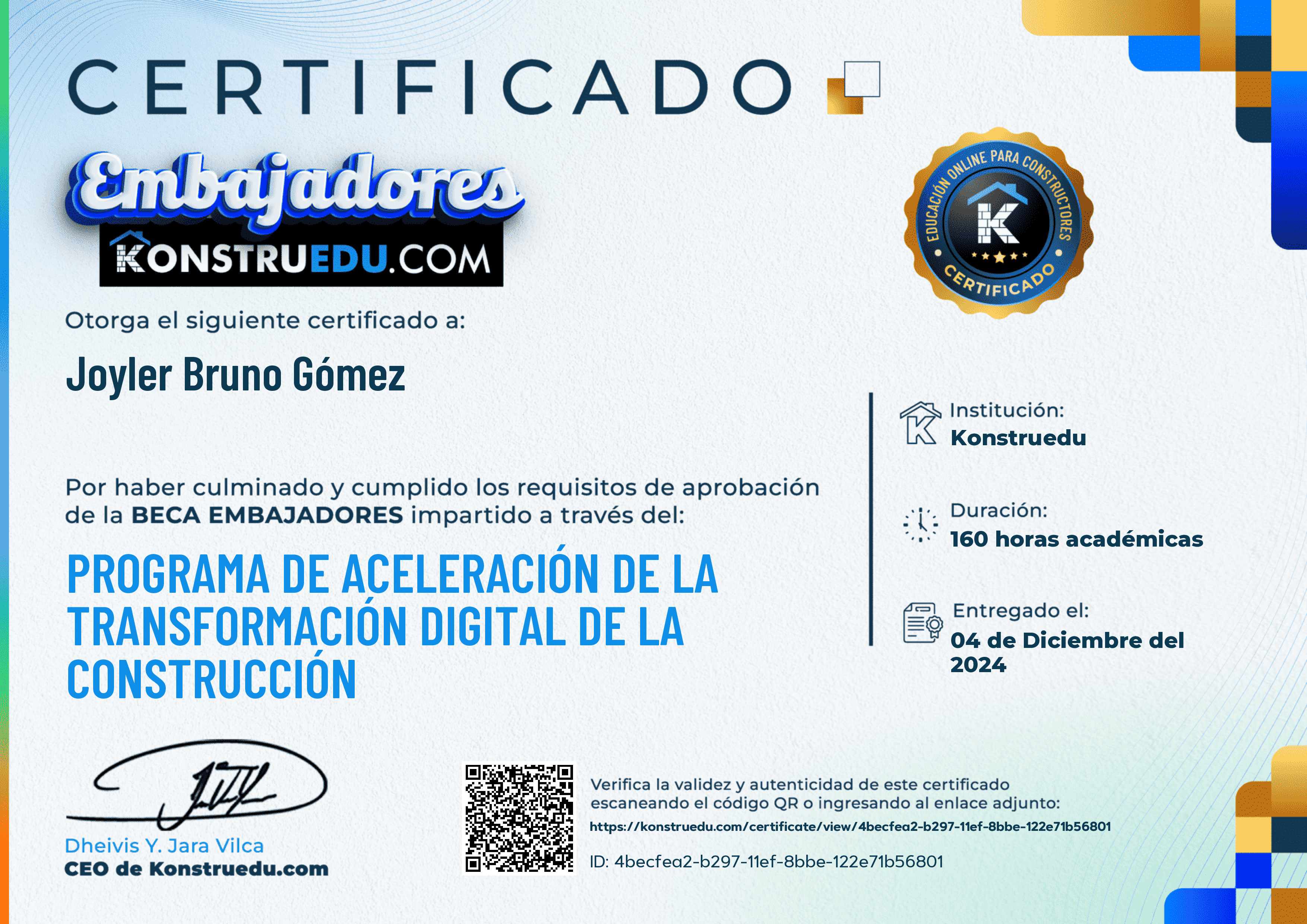 Credencial de Programa Certificado de aceleración de la Transformación Digital de la Construcción - 7ma Edición