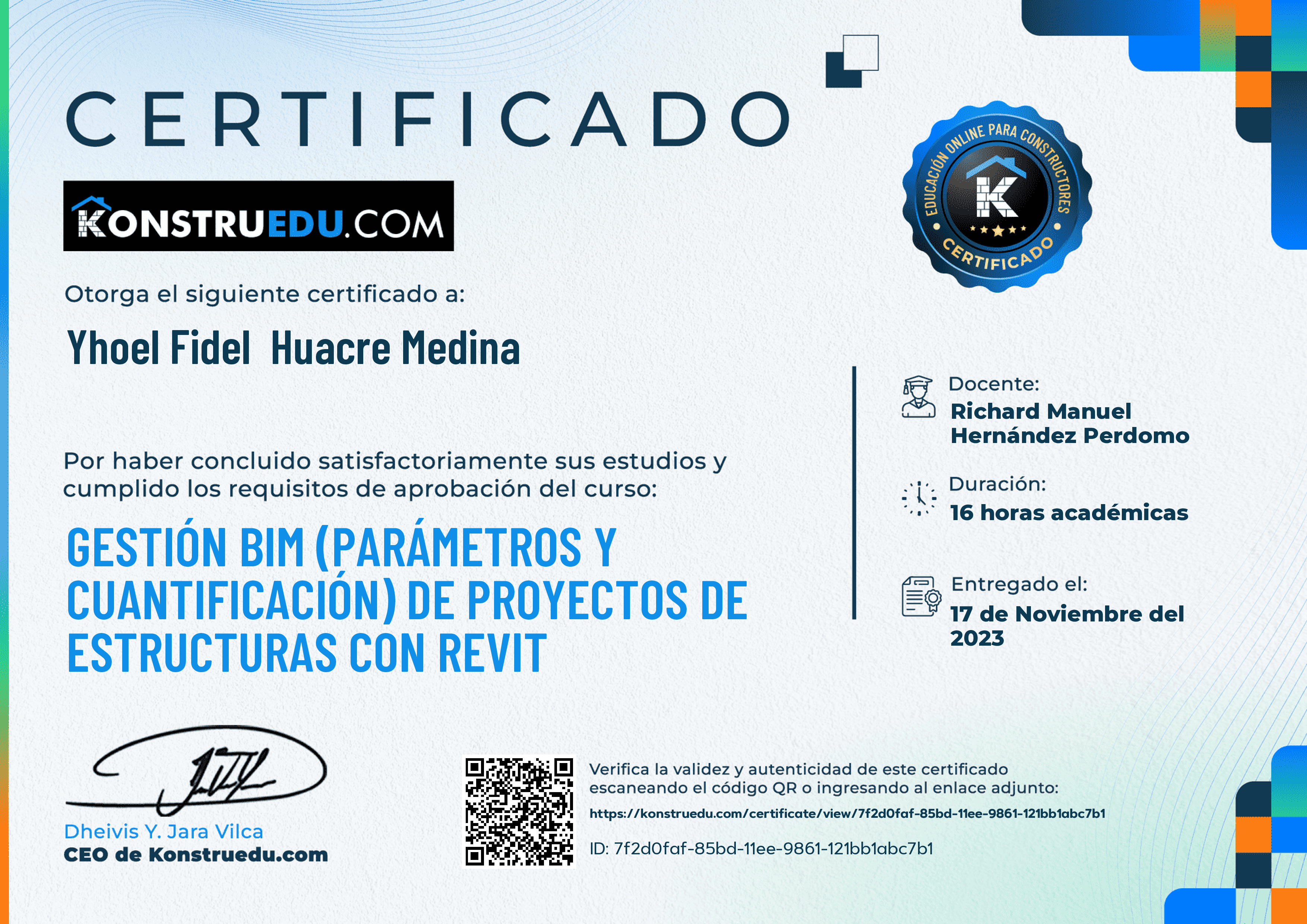 Credencial de Gestión BIM (Parámetros y cuantificación) de proyectos de estructuras con Revit