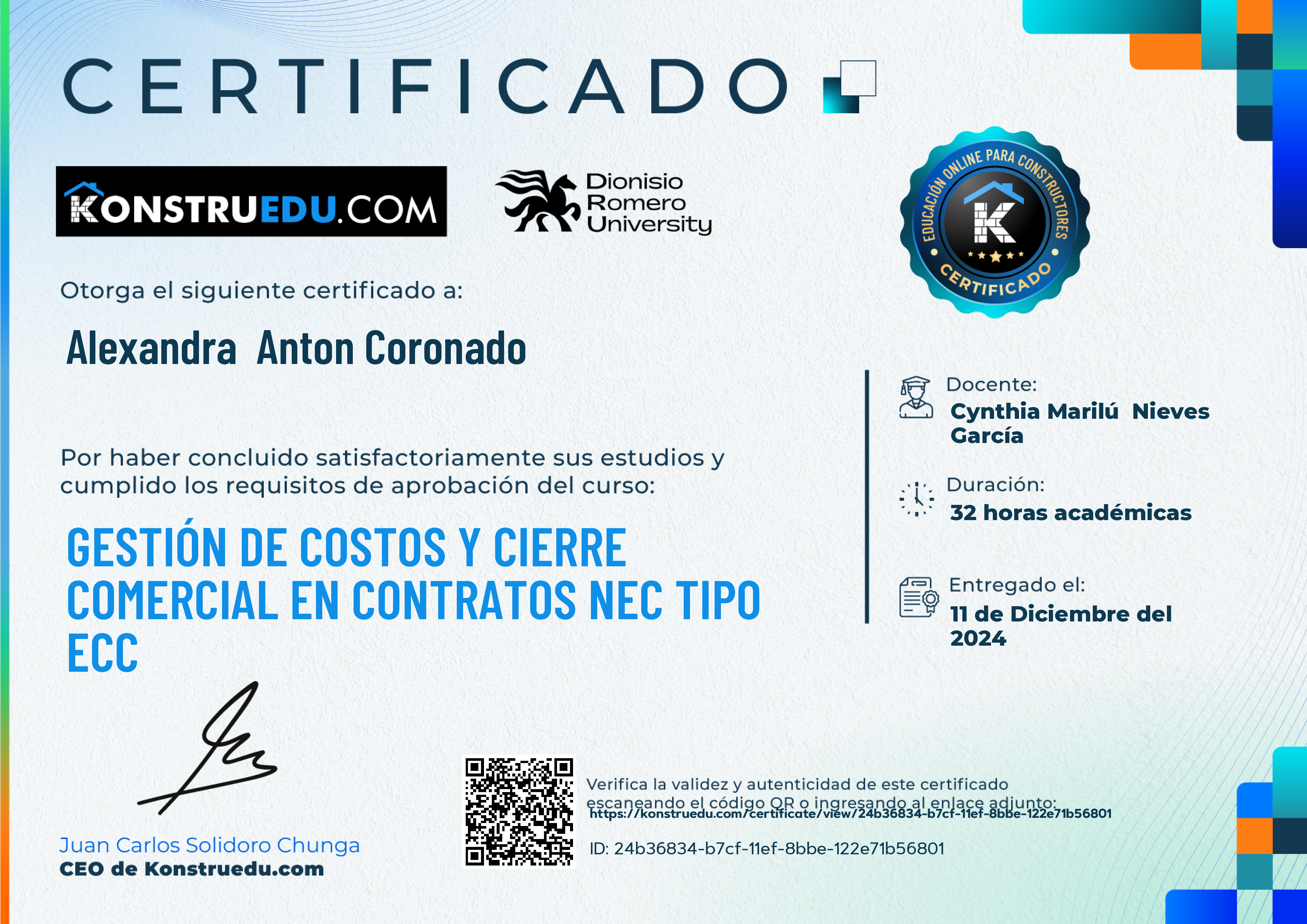 Credencial de Gestión de costos y cierre comercial en contratos NEC tipo ECC