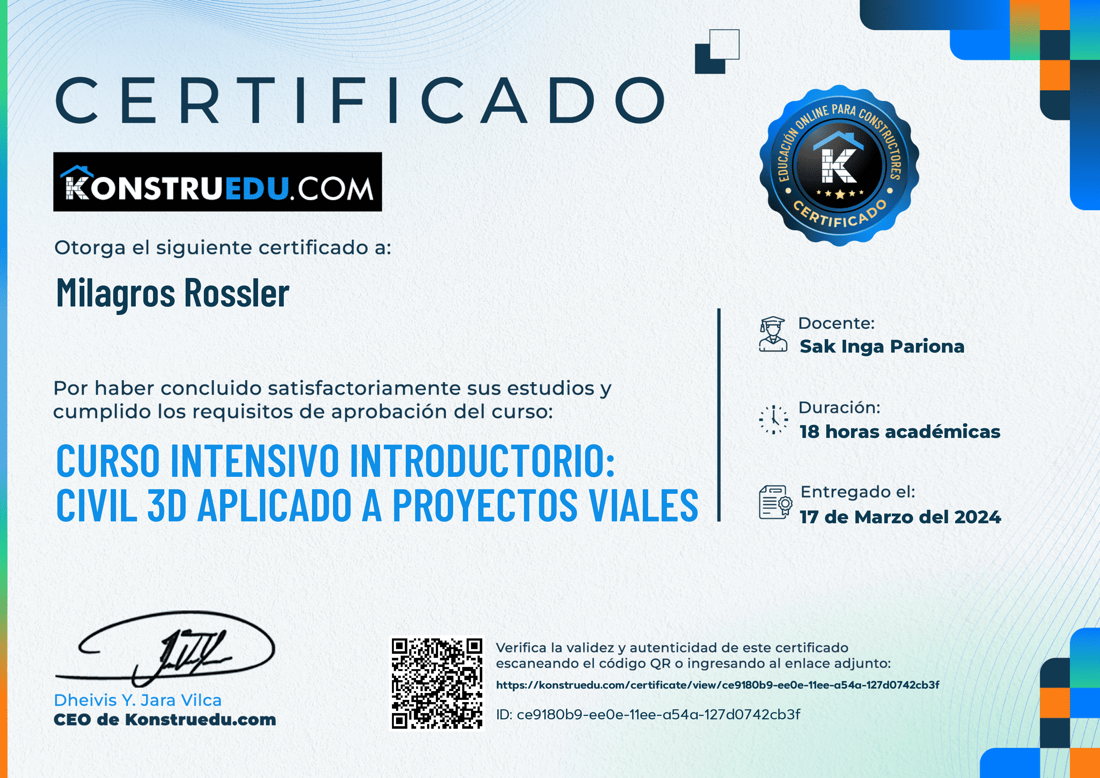 Credencial de Curso intensivo 2da Edición: Civil 3D aplicado a proyectos viales
