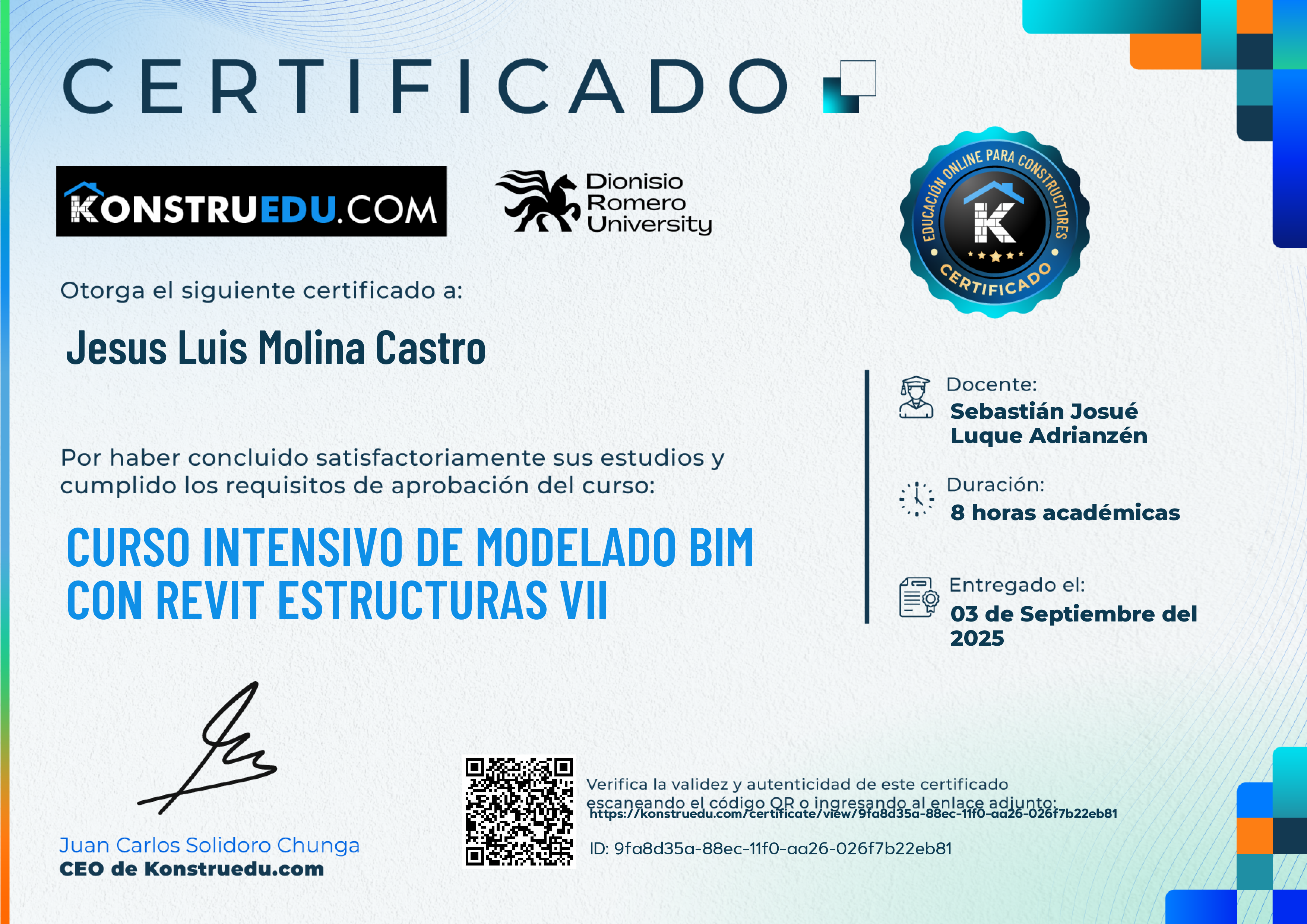 Credencial de Curso Intensivo de Modelado BIM con Revit Estructuras VII