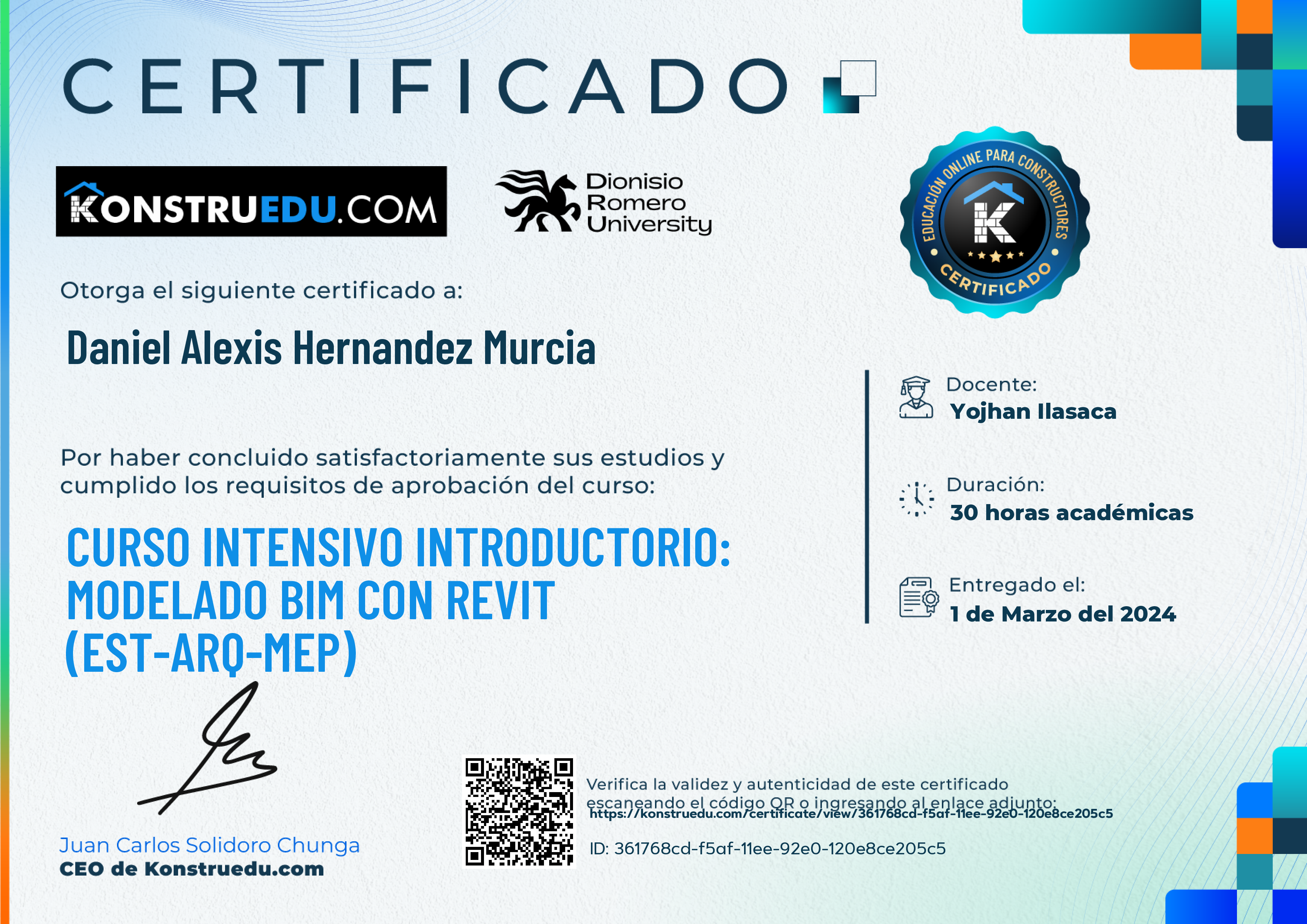 Credencial de Curso intensivo 4ra Edición: Modelado BIM con Revit Introductorio