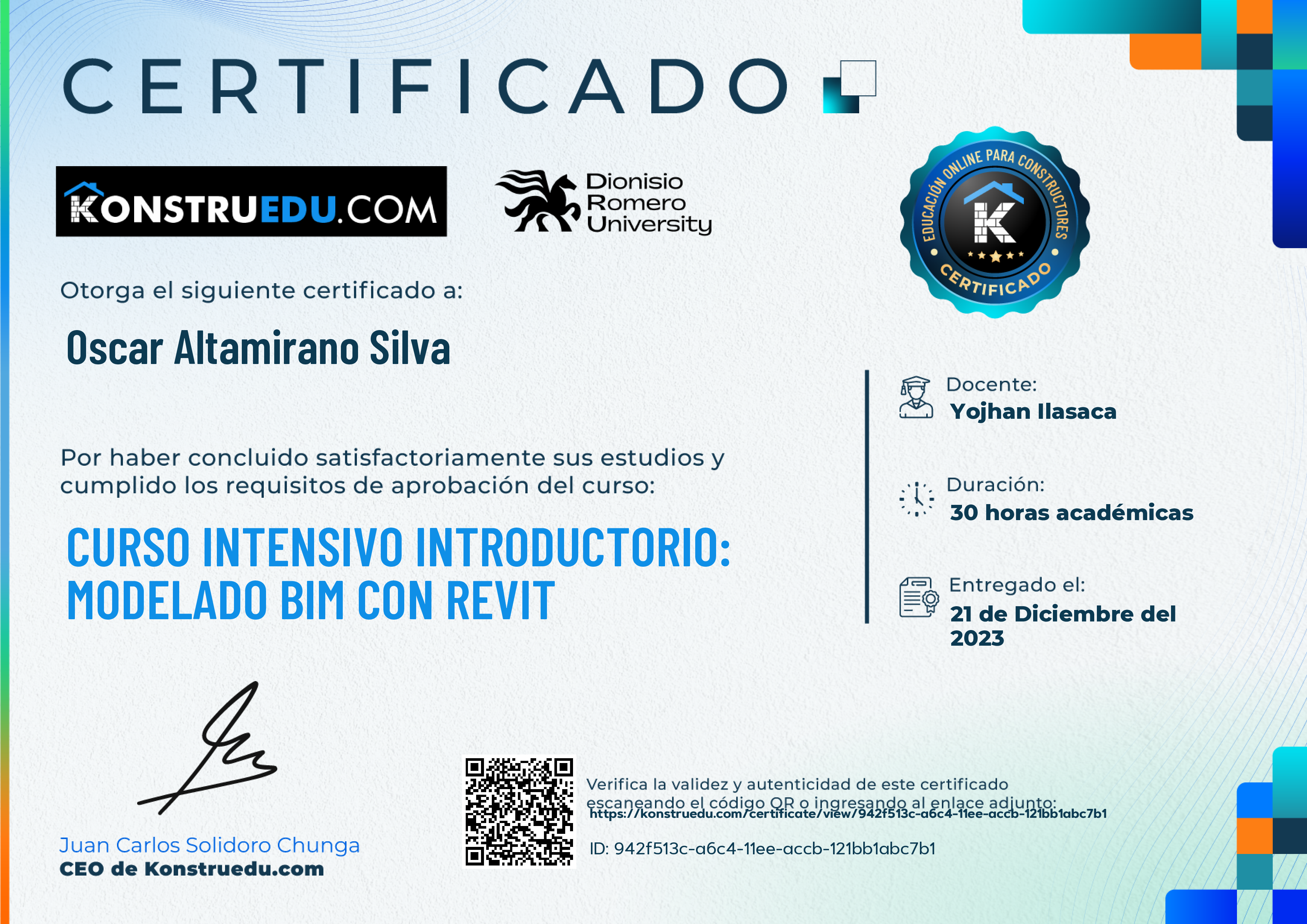 Credencial de Curso intensivo 3ra Edición: Modelado BIM con Revit Introductorio