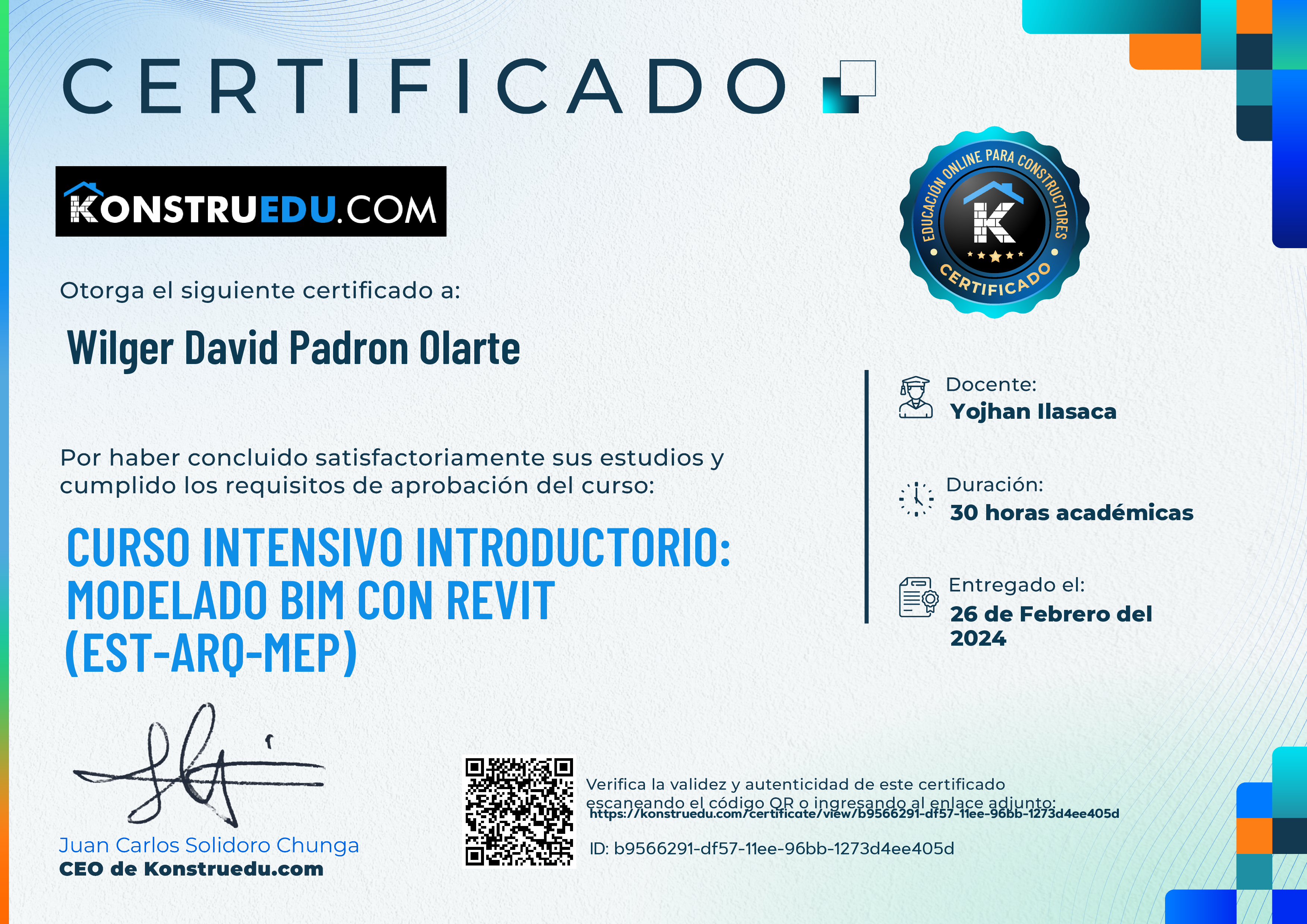 Credencial de Curso intensivo 4ra Edición: Modelado BIM con Revit Introductorio