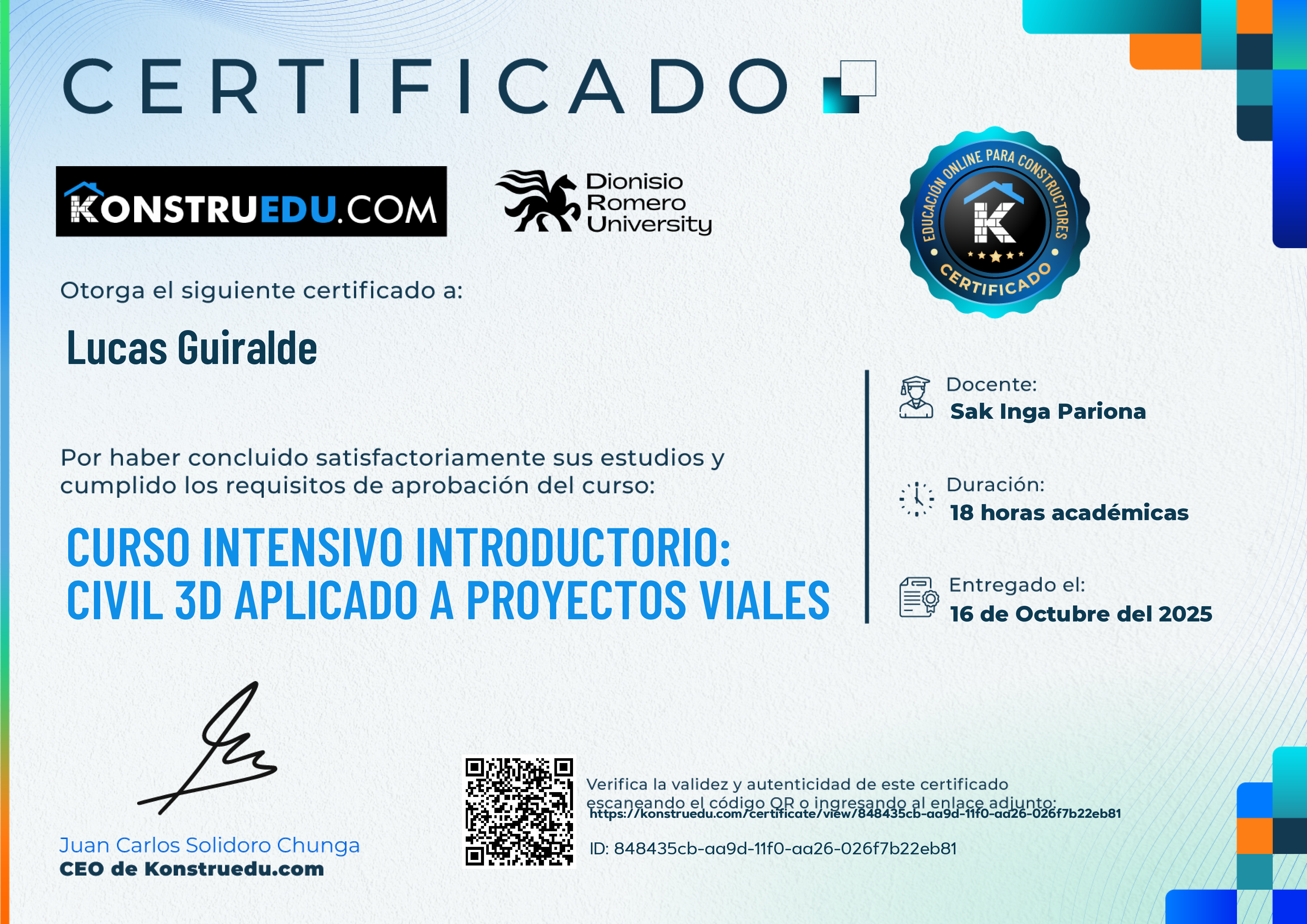 Credencial de Curso intensivo 3era Edición: Civil 3D aplicado a proyectos viales