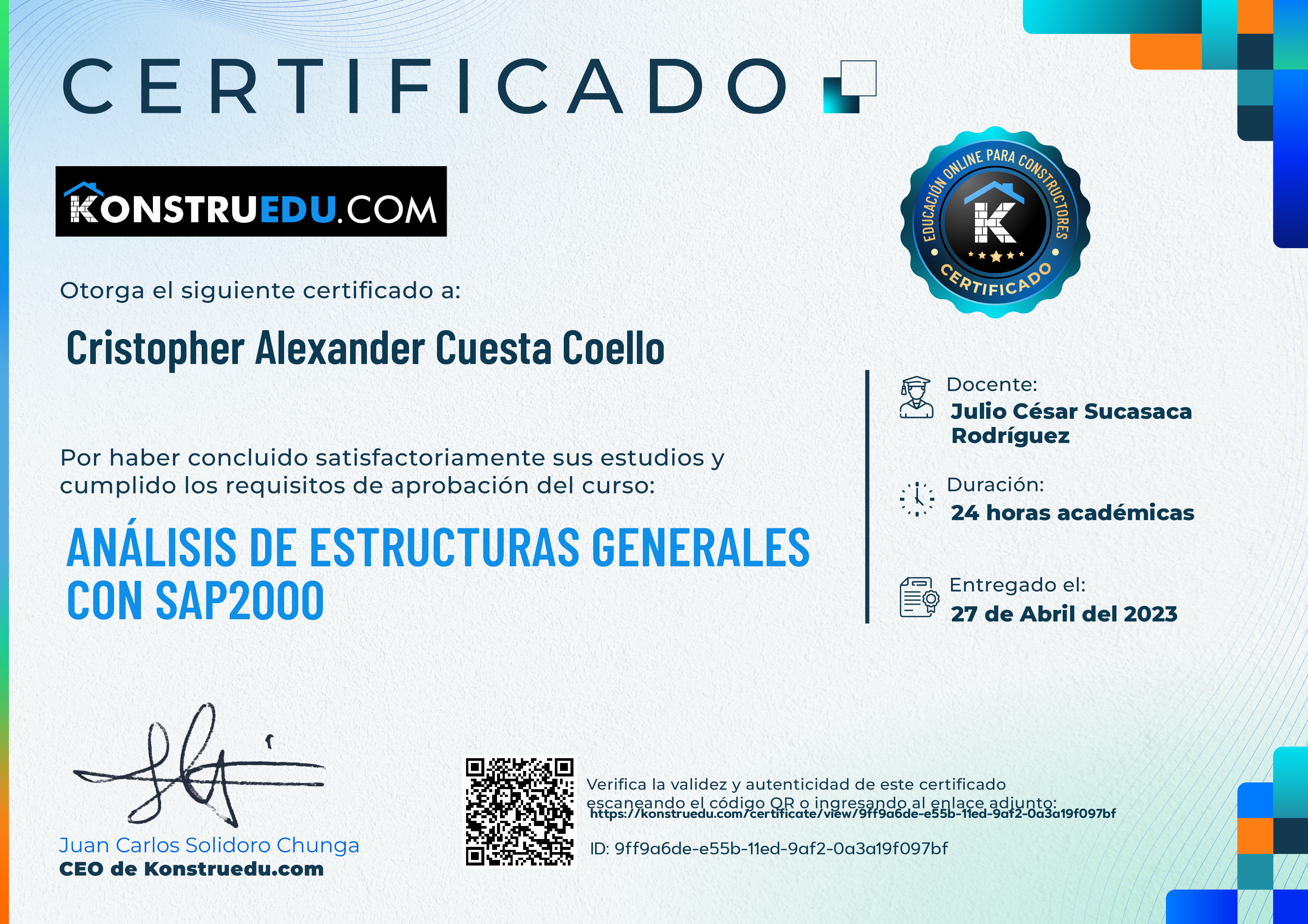 Credencial de Análisis de estructuras Generales con SAP2000