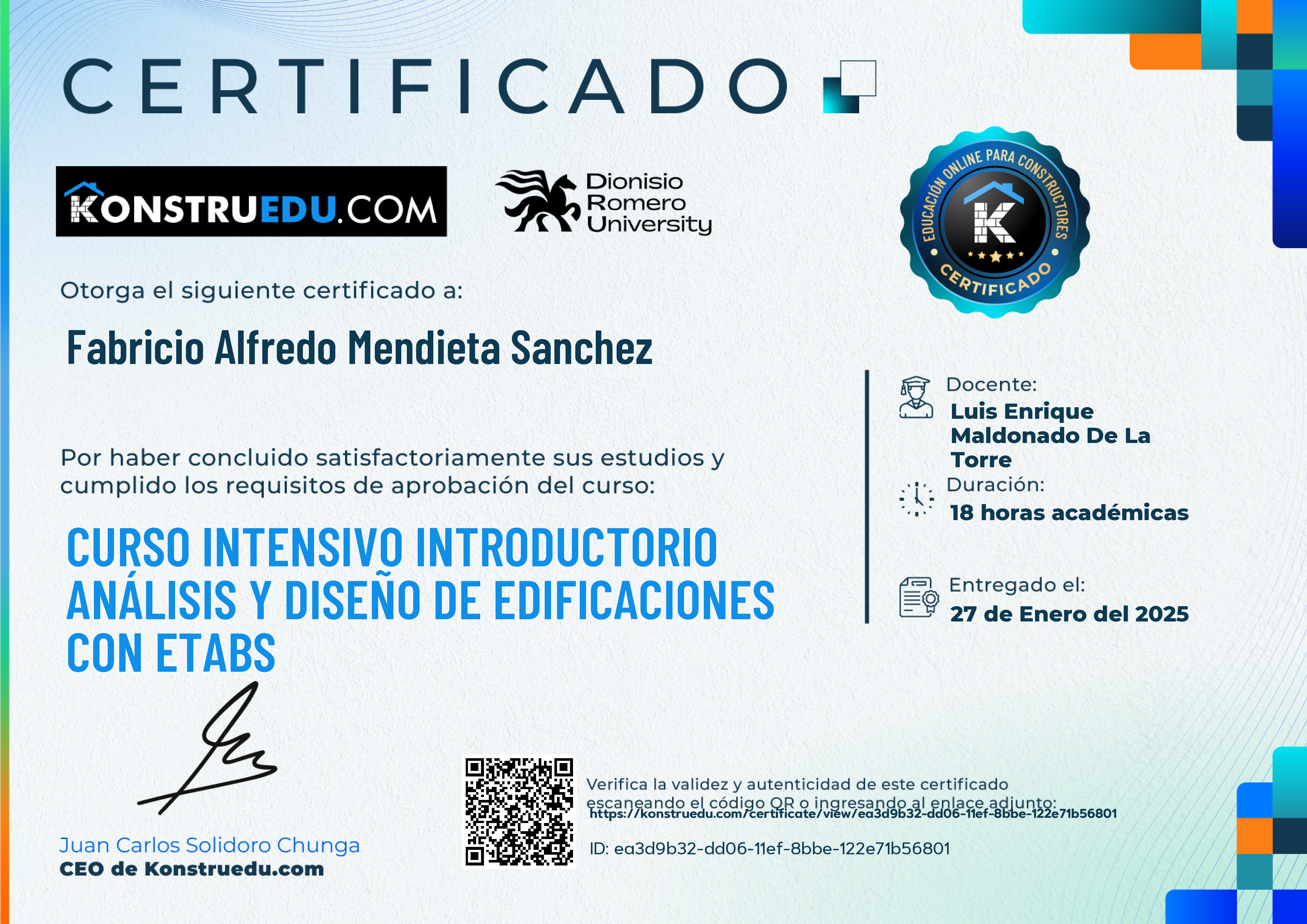 Credencial de Curso intensivo Análisis y Diseño de Edificaciones con ETABS - Introductorio