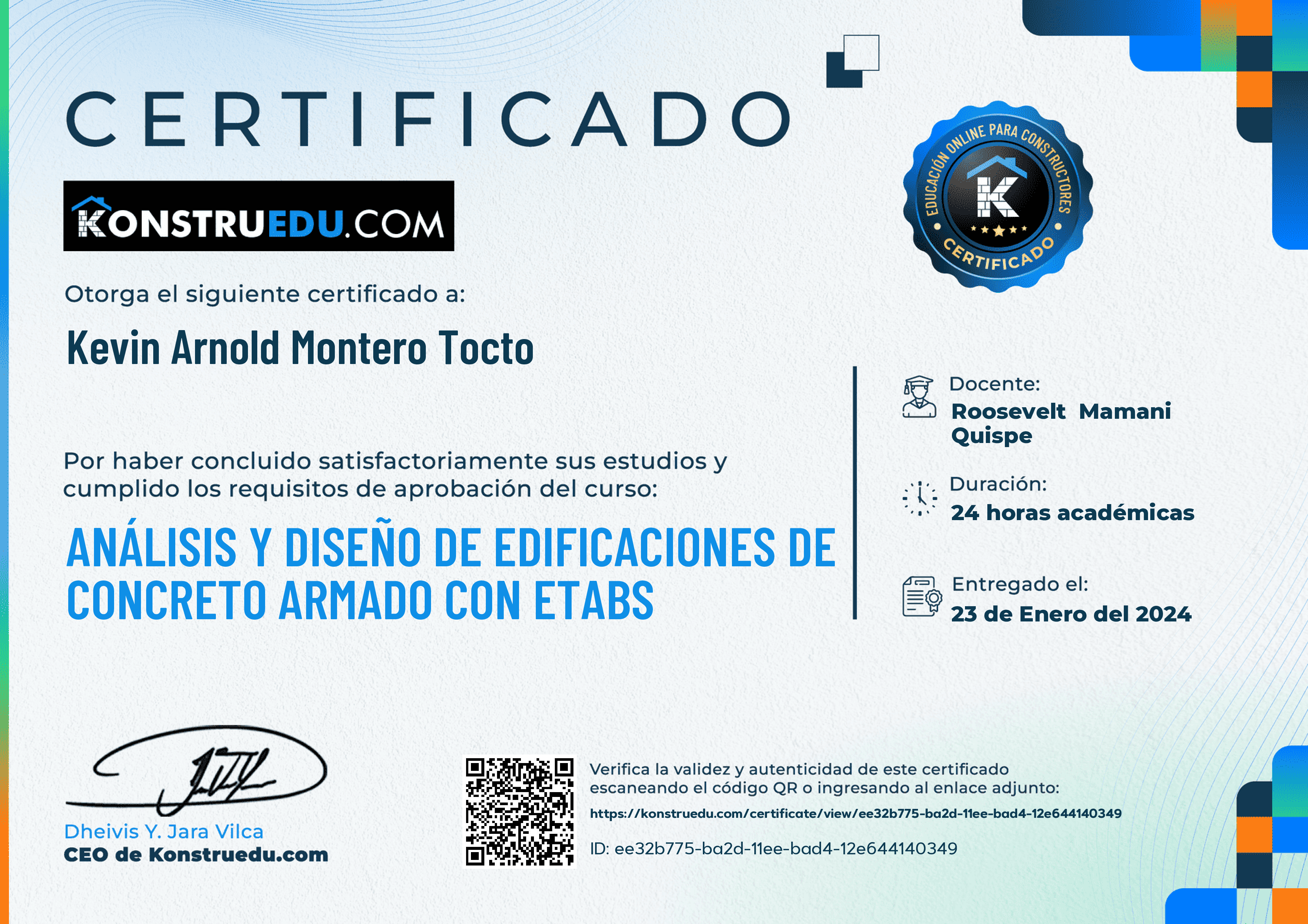 Credencial de Análisis y diseño de edificaciones de concreto armado con ETABS