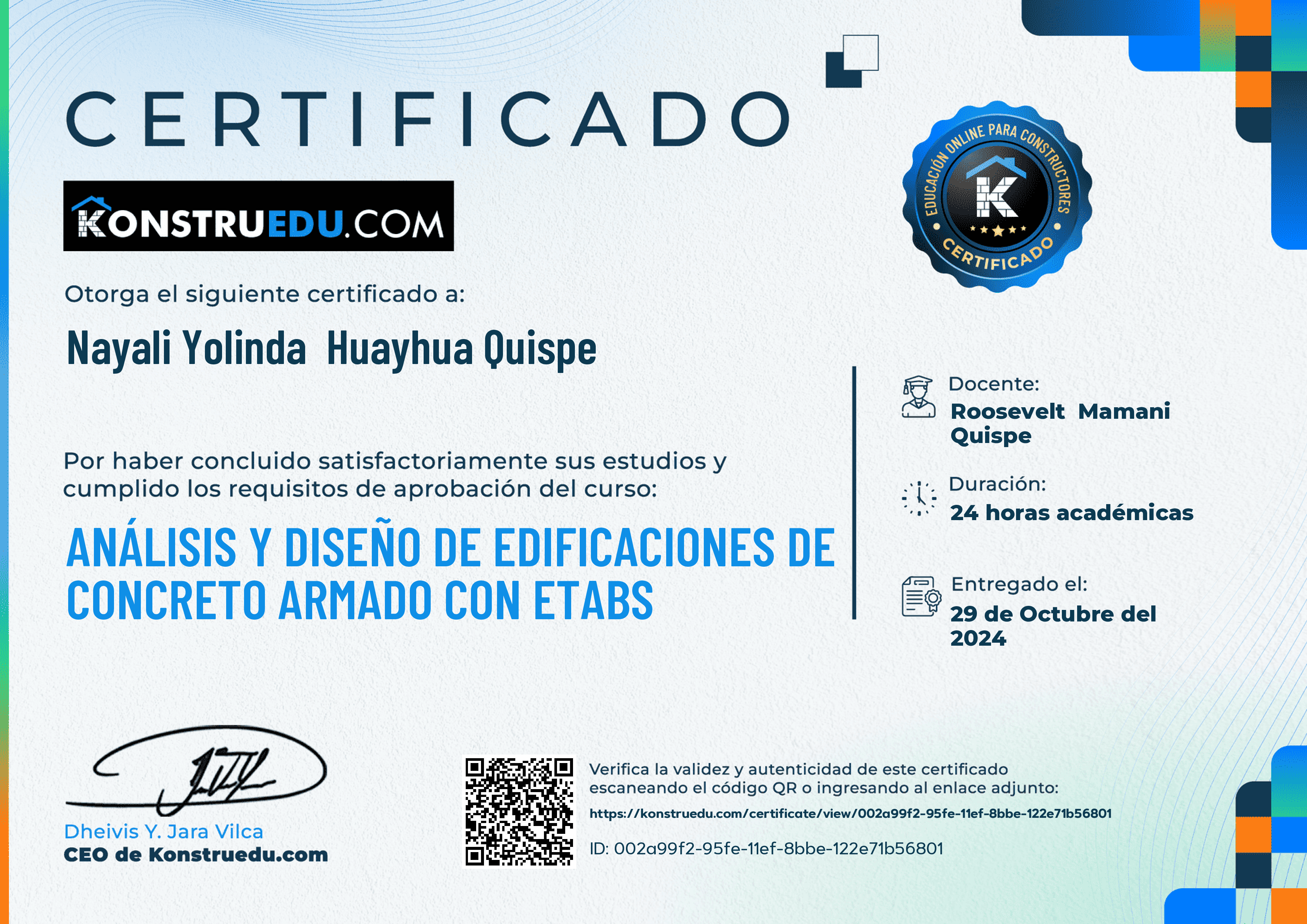 Credencial de Análisis y diseño de edificaciones de concreto armado con ETABS