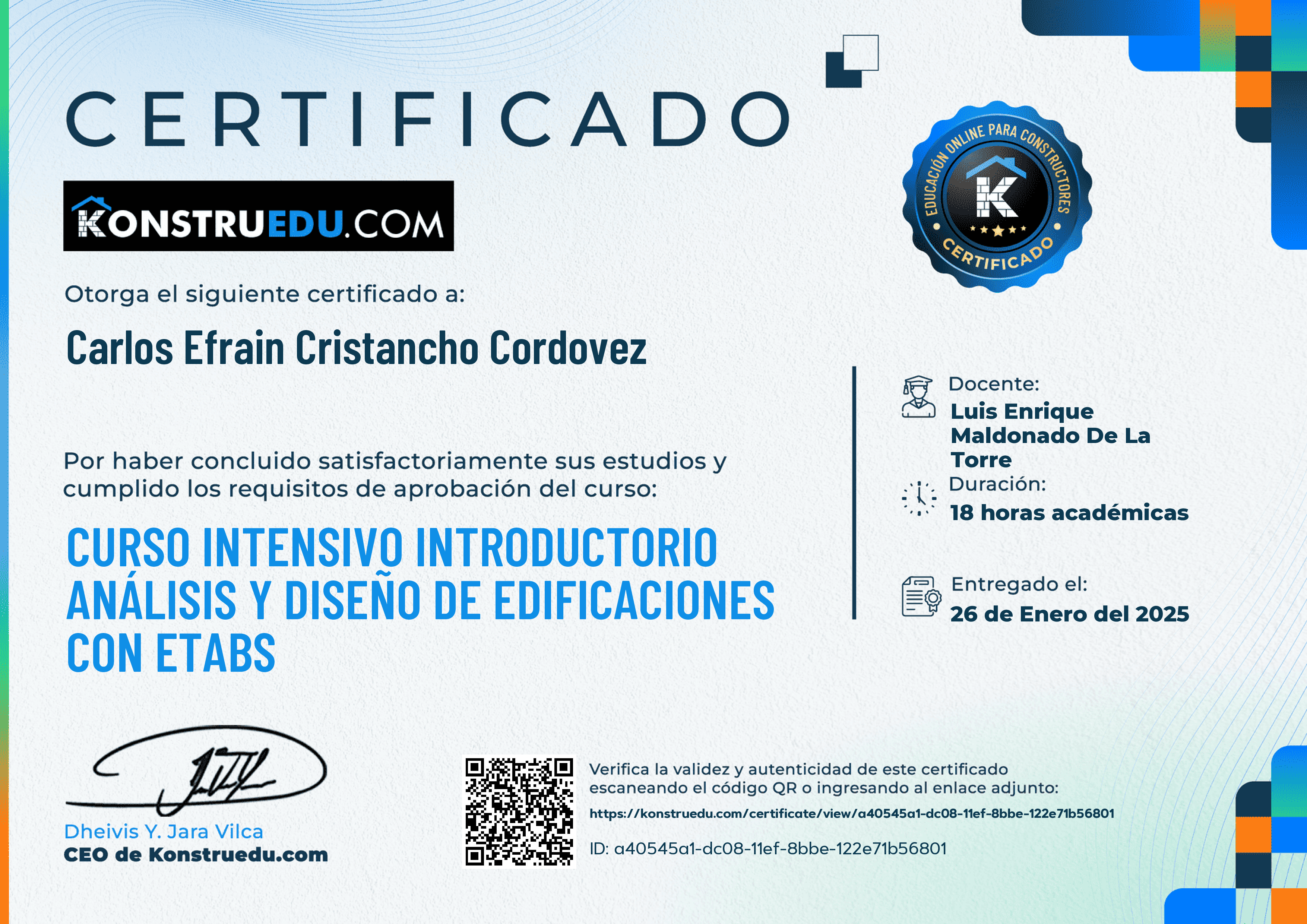 Credencial de Curso intensivo Análisis y Diseño de Edificaciones con ETABS - Introductorio