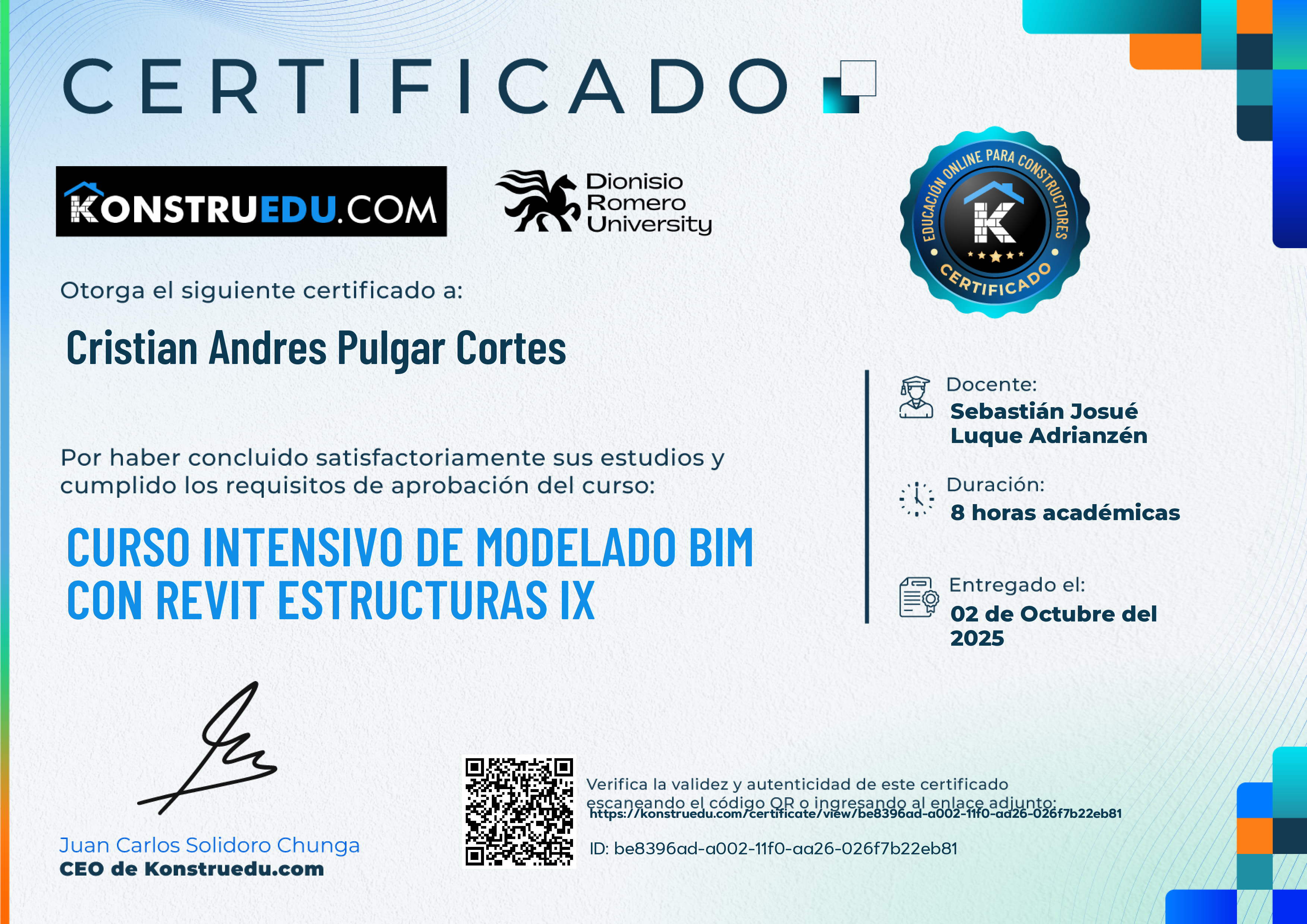 Credencial de Curso Intensivo de Modelado BIM con Revit Estructuras IX
