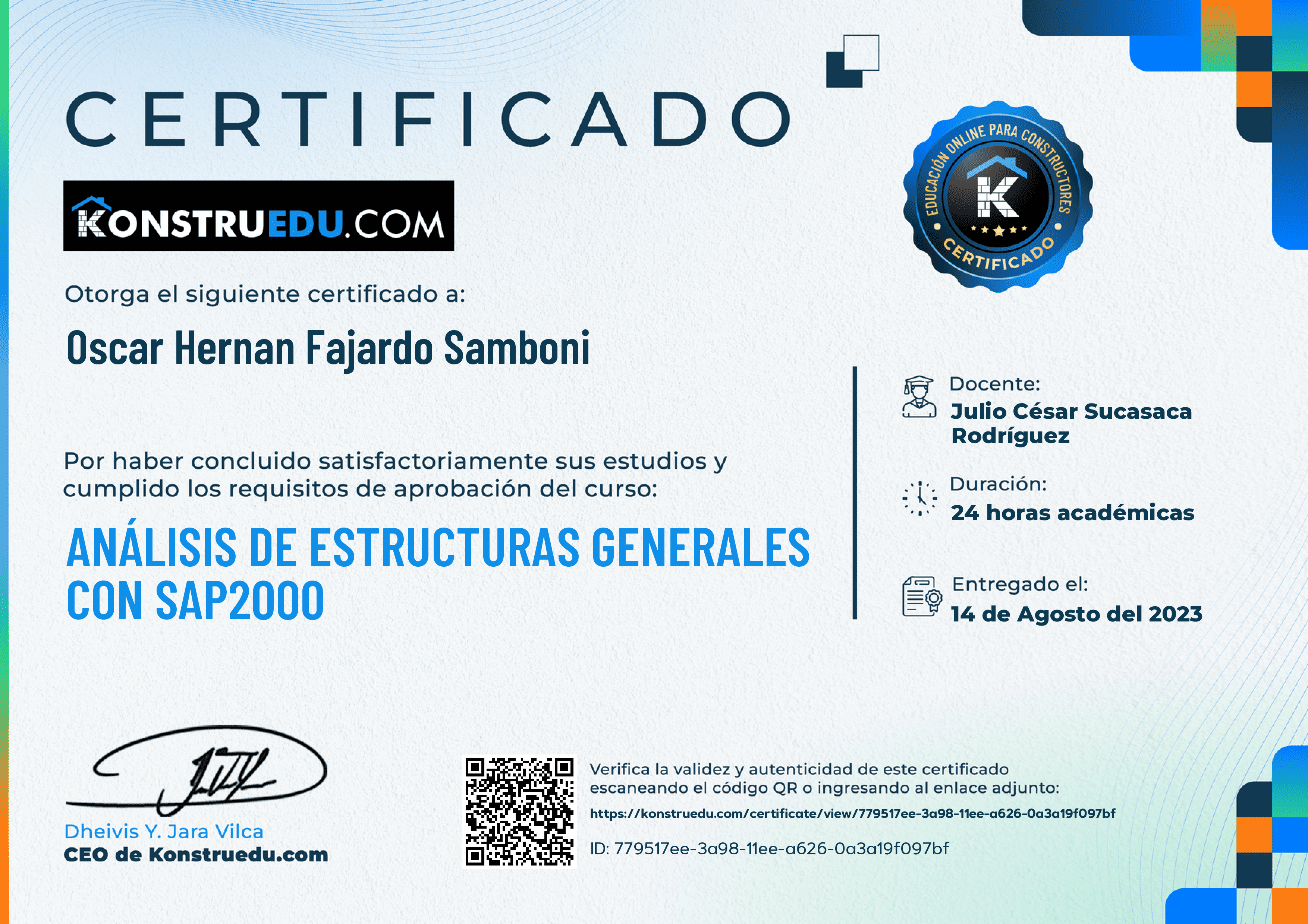 Credencial de Análisis de estructuras Generales con SAP2000