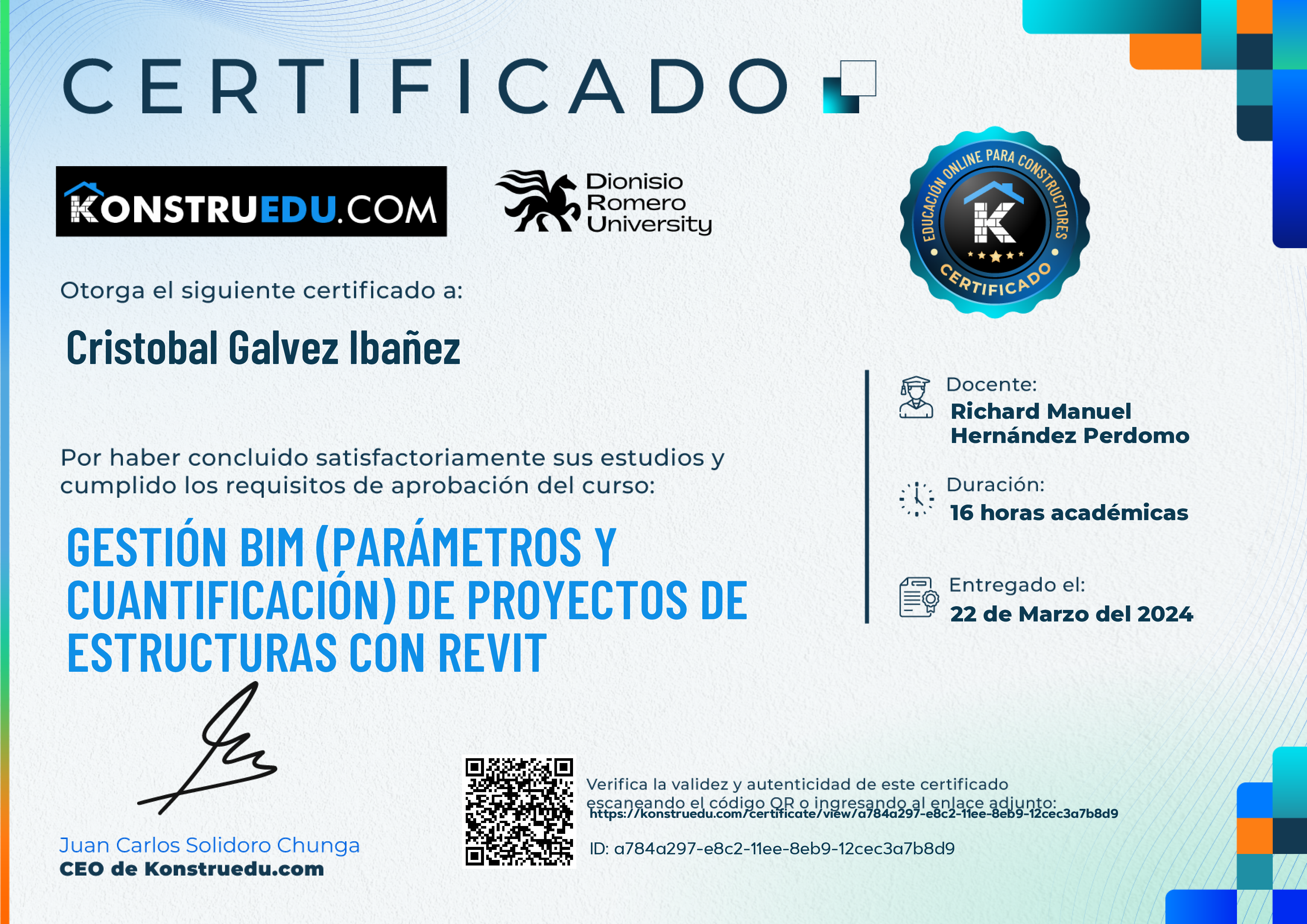 Credencial de Gestión BIM (Parámetros y cuantificación) de proyectos de estructuras con Revit