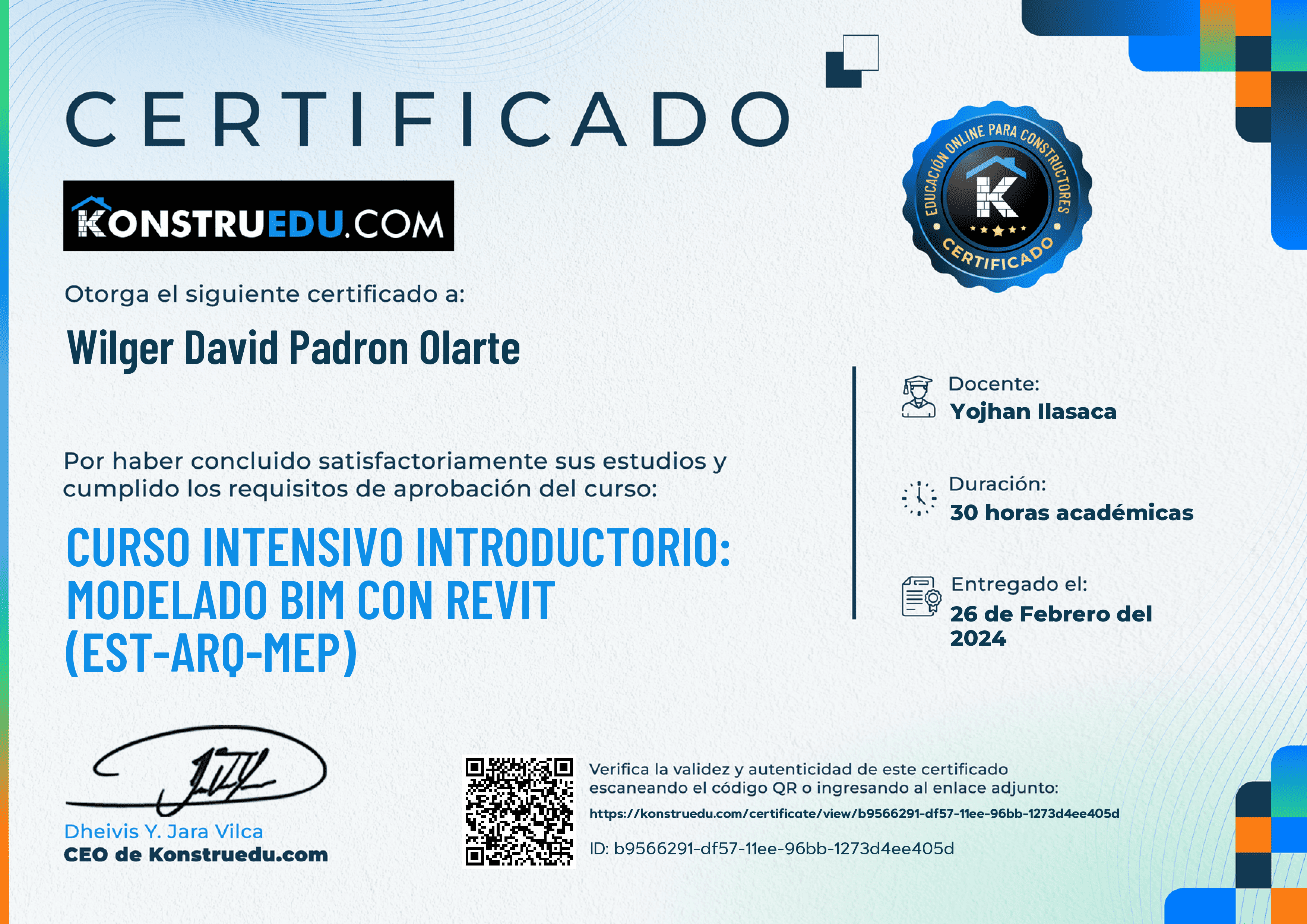Credencial de Curso intensivo 4ra Edición: Modelado BIM con Revit Introductorio