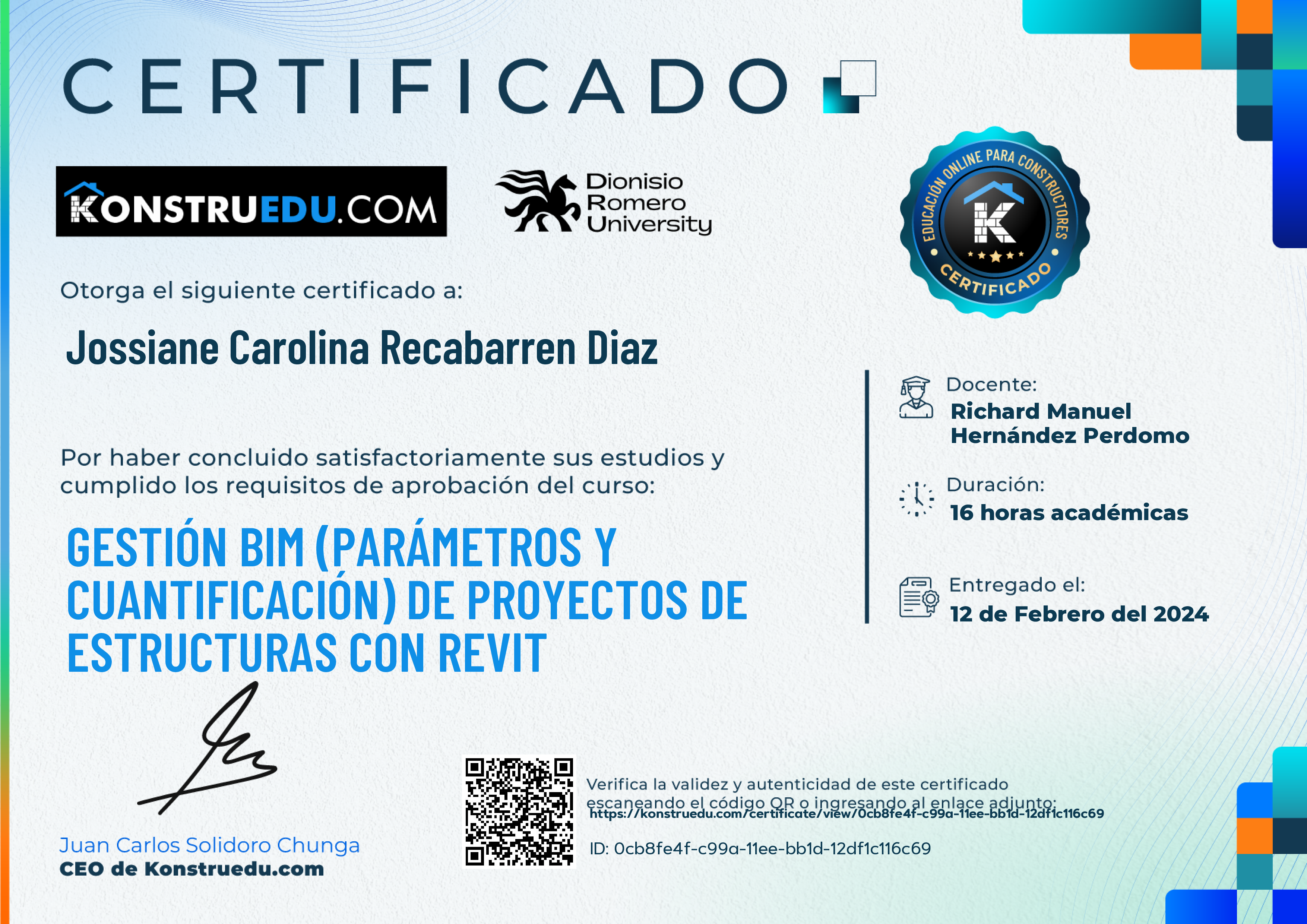 Credencial de Gestión BIM (Parámetros y cuantificación) de proyectos de estructuras con Revit