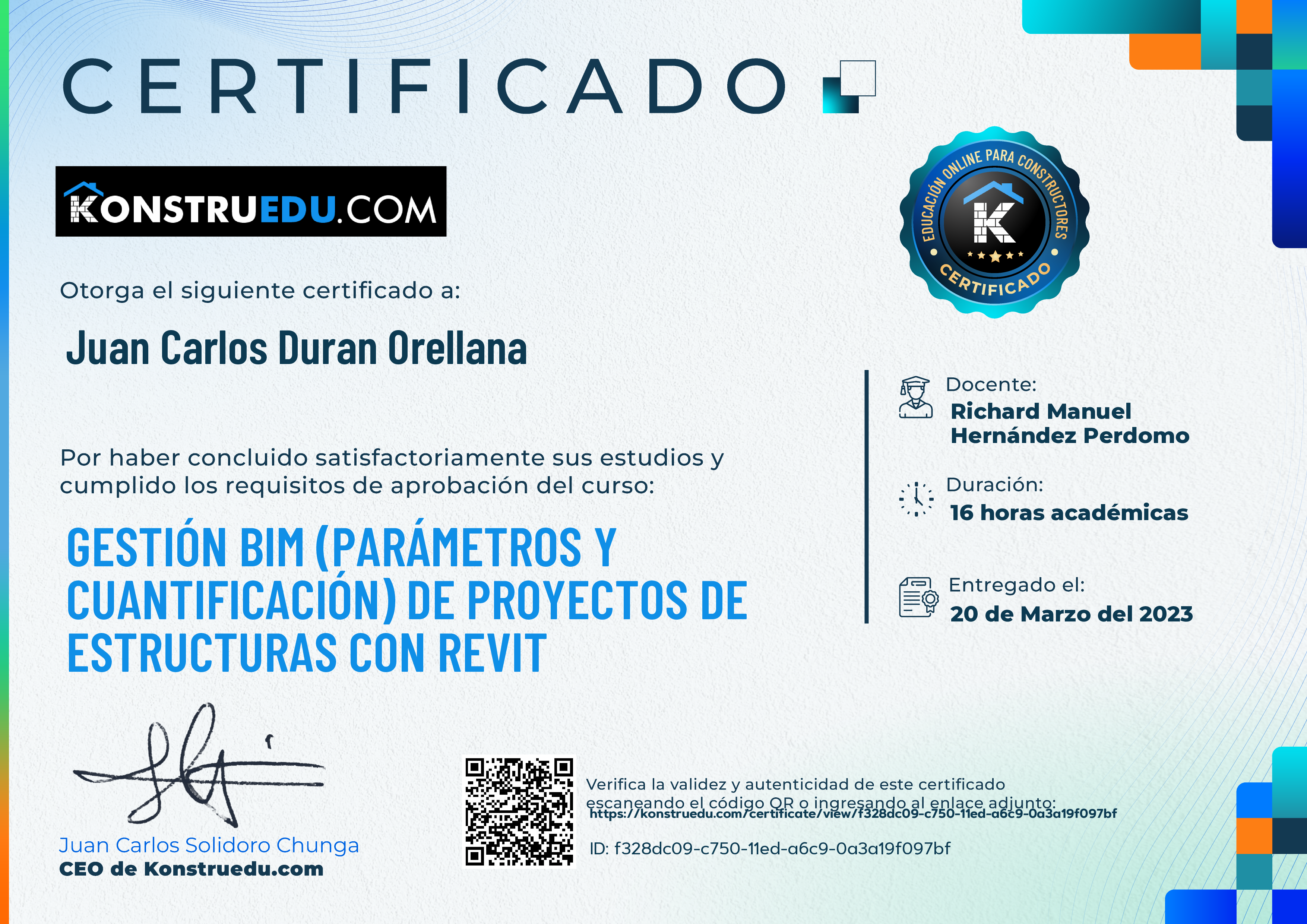 Credencial de Gestión BIM (Parámetros y cuantificación) de proyectos de estructuras con Revit