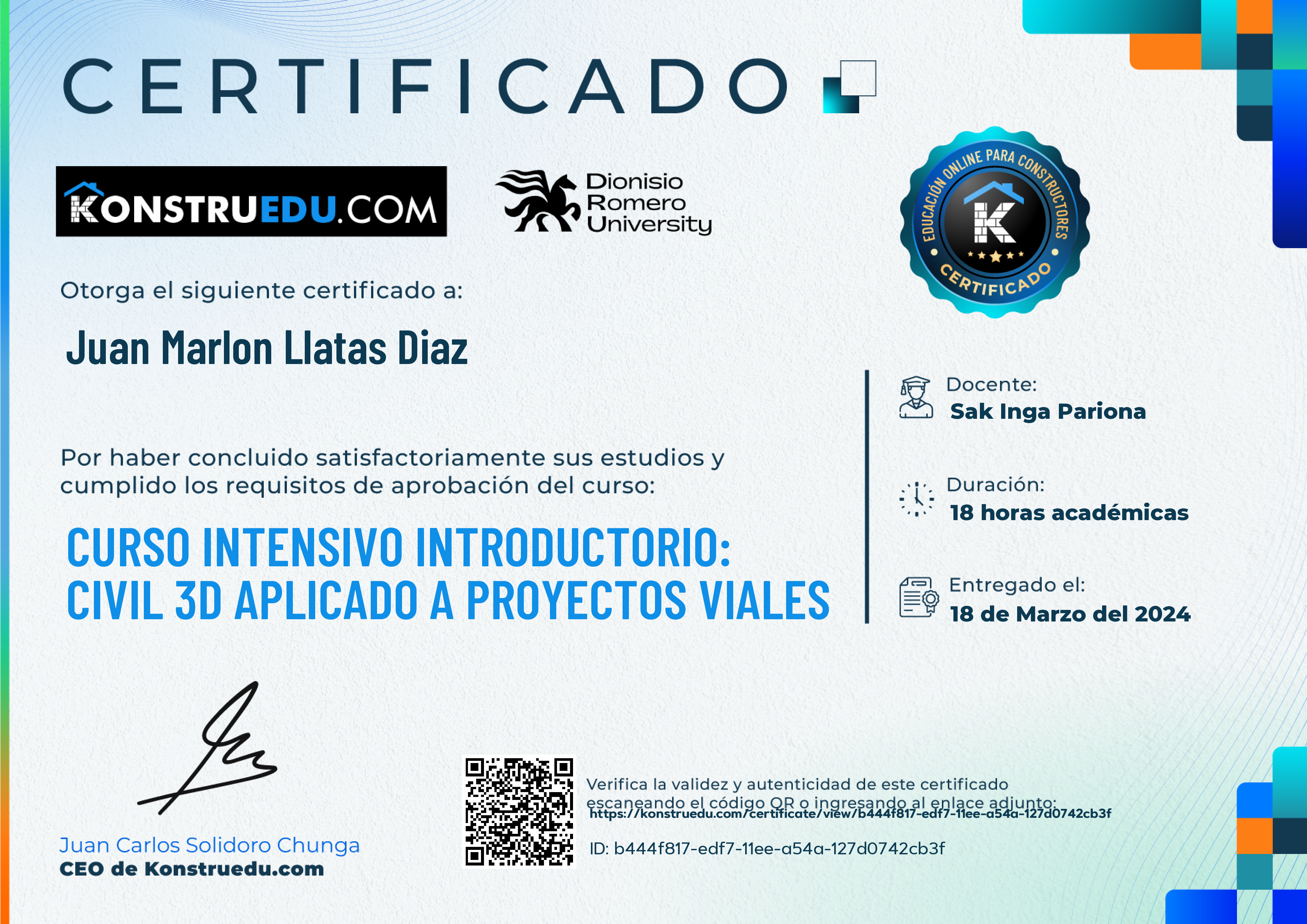 Credencial de Curso intensivo 2da Edición: Civil 3D aplicado a proyectos viales