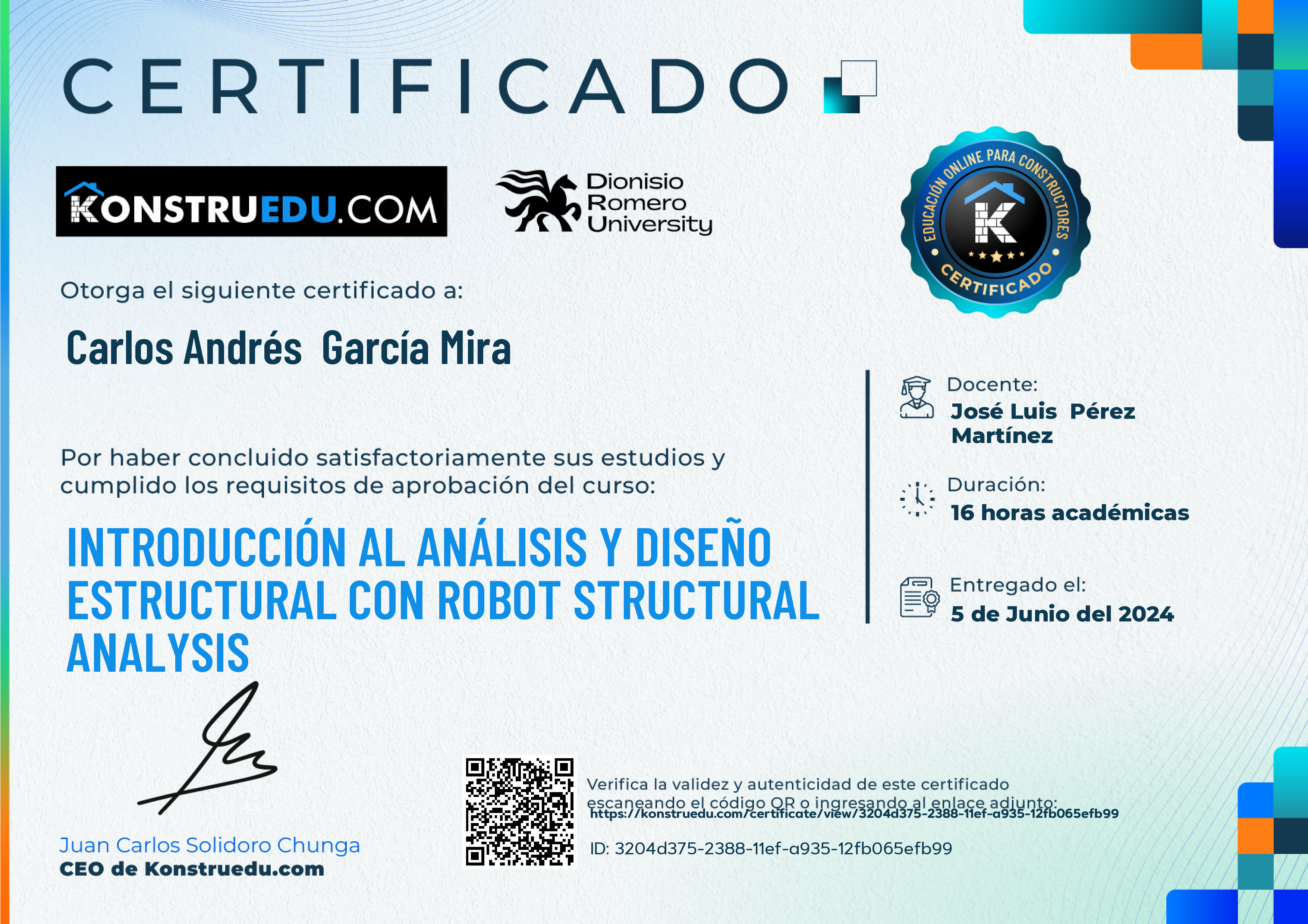 Credencial de Introducción al análisis y diseño estructural con Robot Structural Analysis