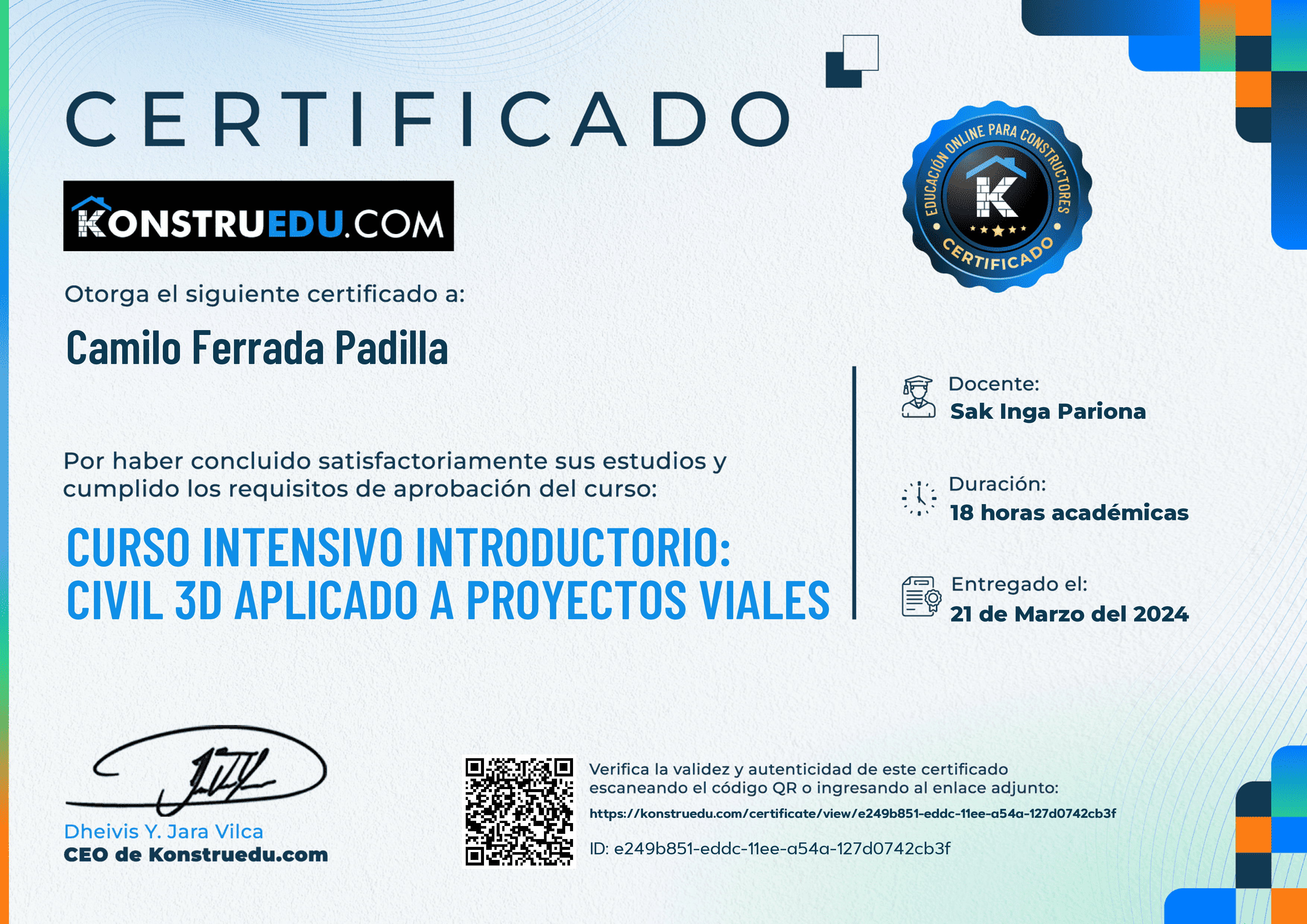 Credencial de Curso intensivo 2da Edición: Civil 3D aplicado a proyectos viales