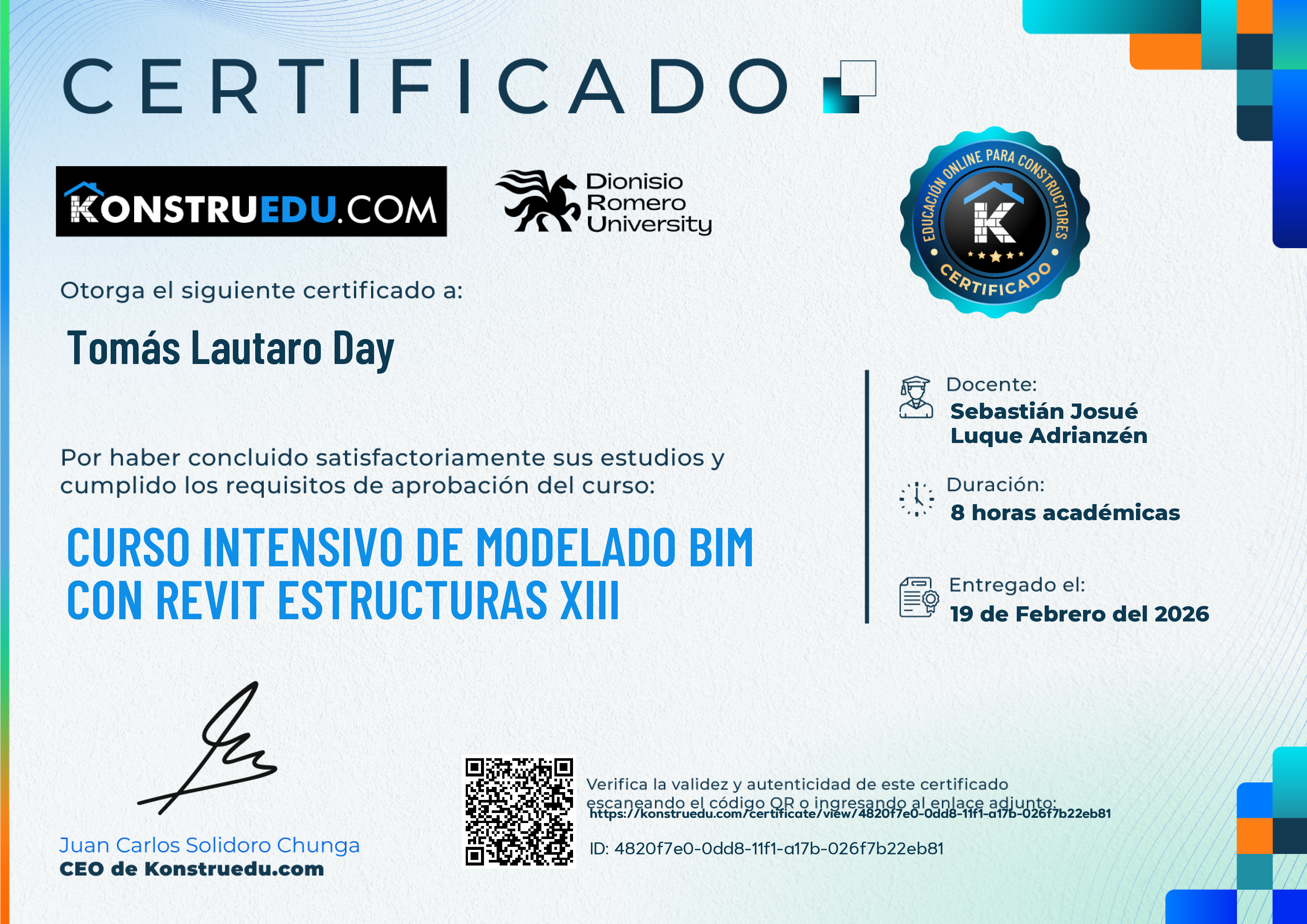 Credencial de Curso Intensivo de Modelado BIM con Revit Estructuras XIII
