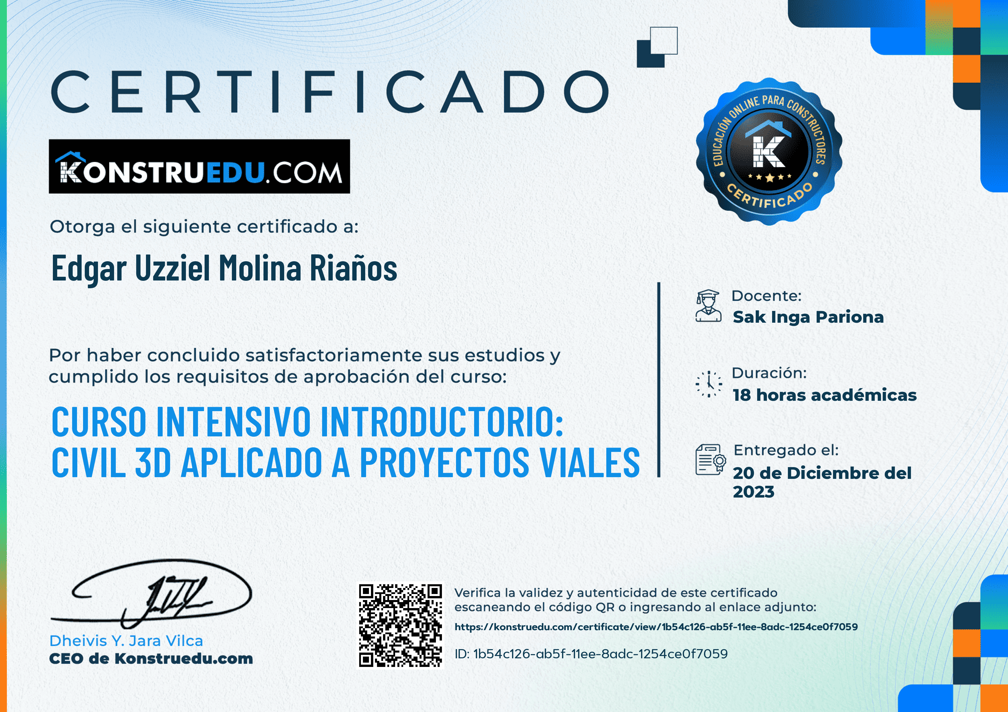 Credencial de Curso intensivo: Civil 3D aplicado a proyectos viales