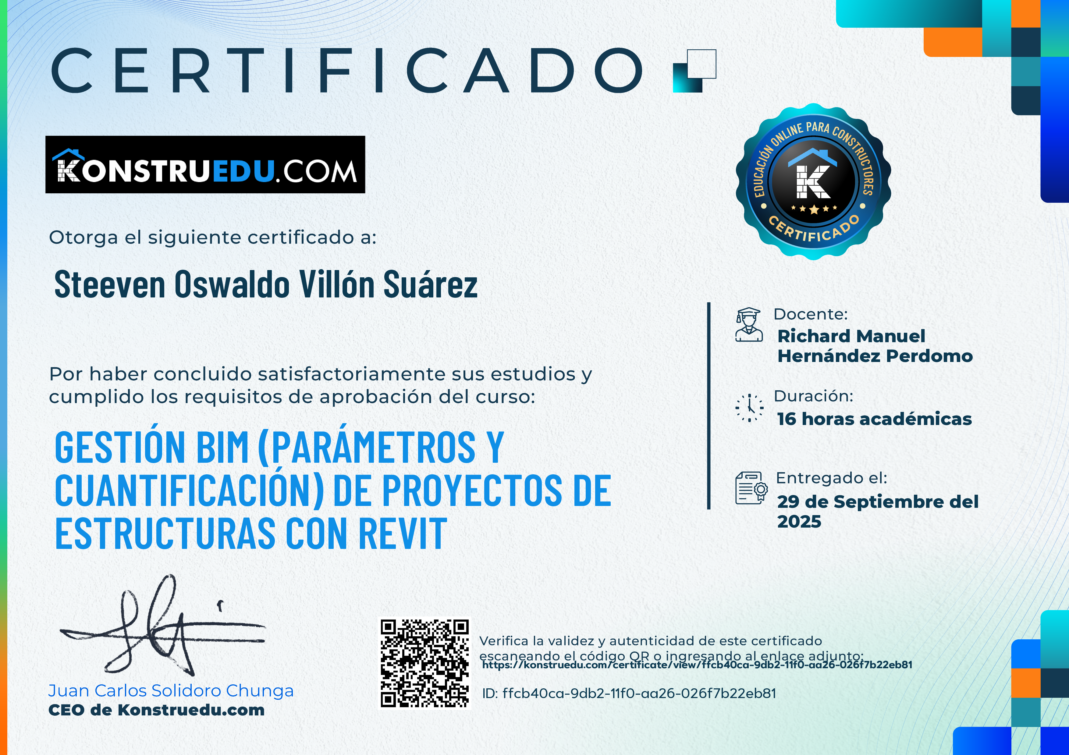 Credencial de Gestión BIM (Parámetros y cuantificación) de proyectos de estructuras con Revit