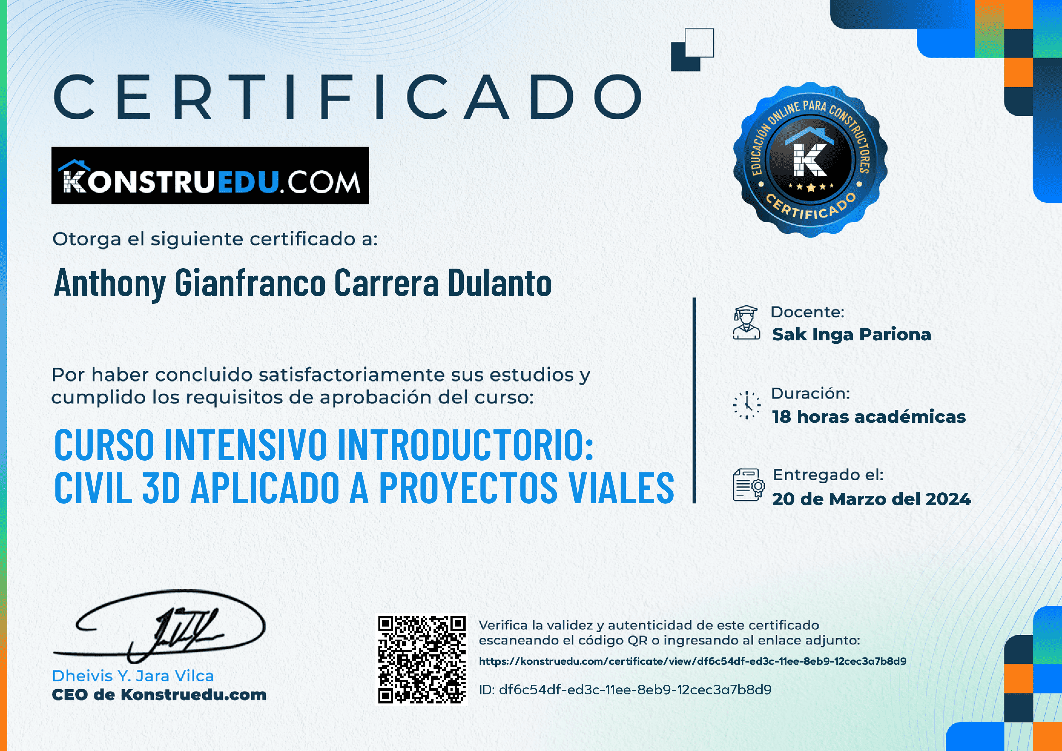 Credencial de Curso intensivo 2da Edición: Civil 3D aplicado a proyectos viales