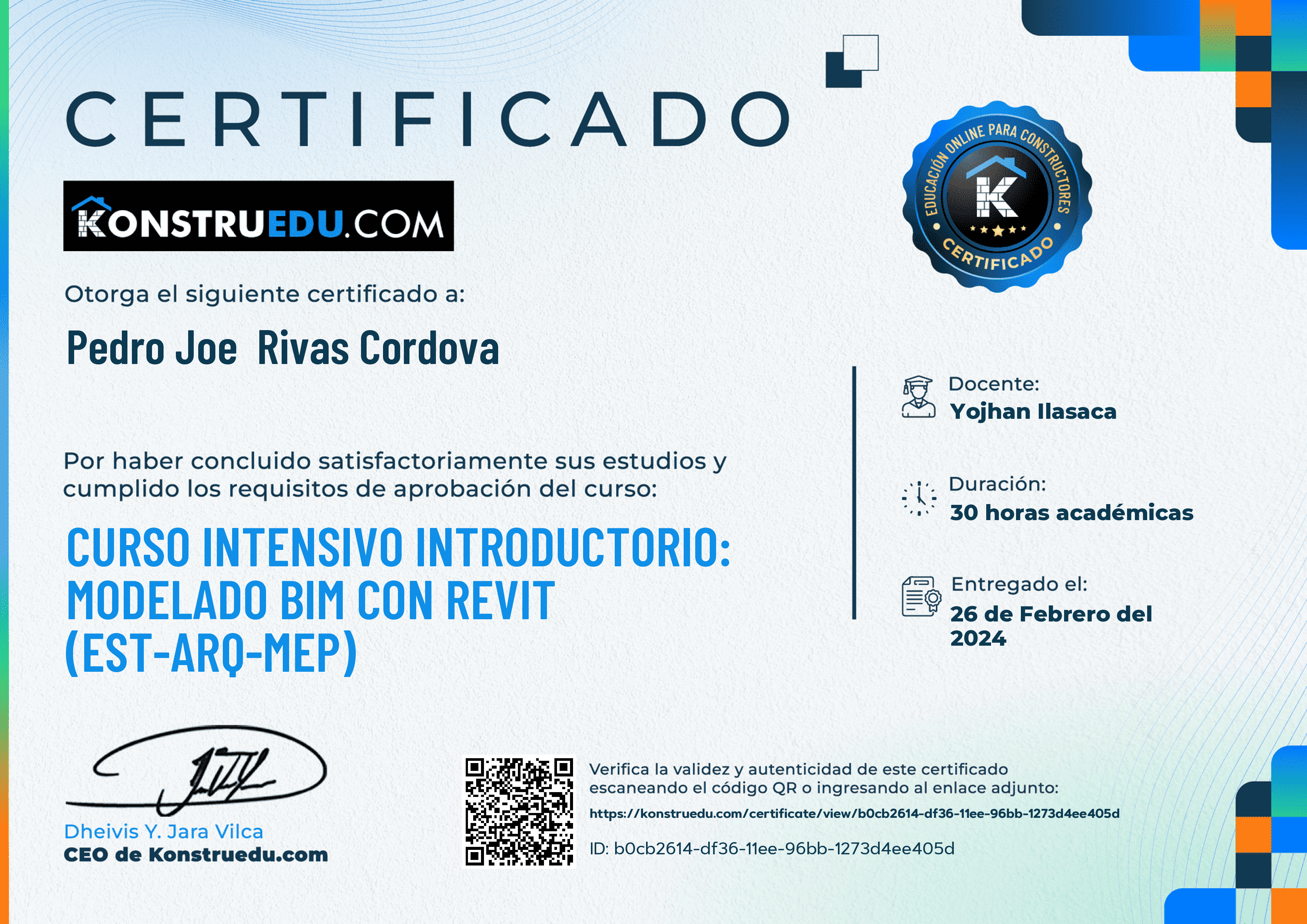 Credencial de Curso intensivo 4ra Edición: Modelado BIM con Revit Introductorio