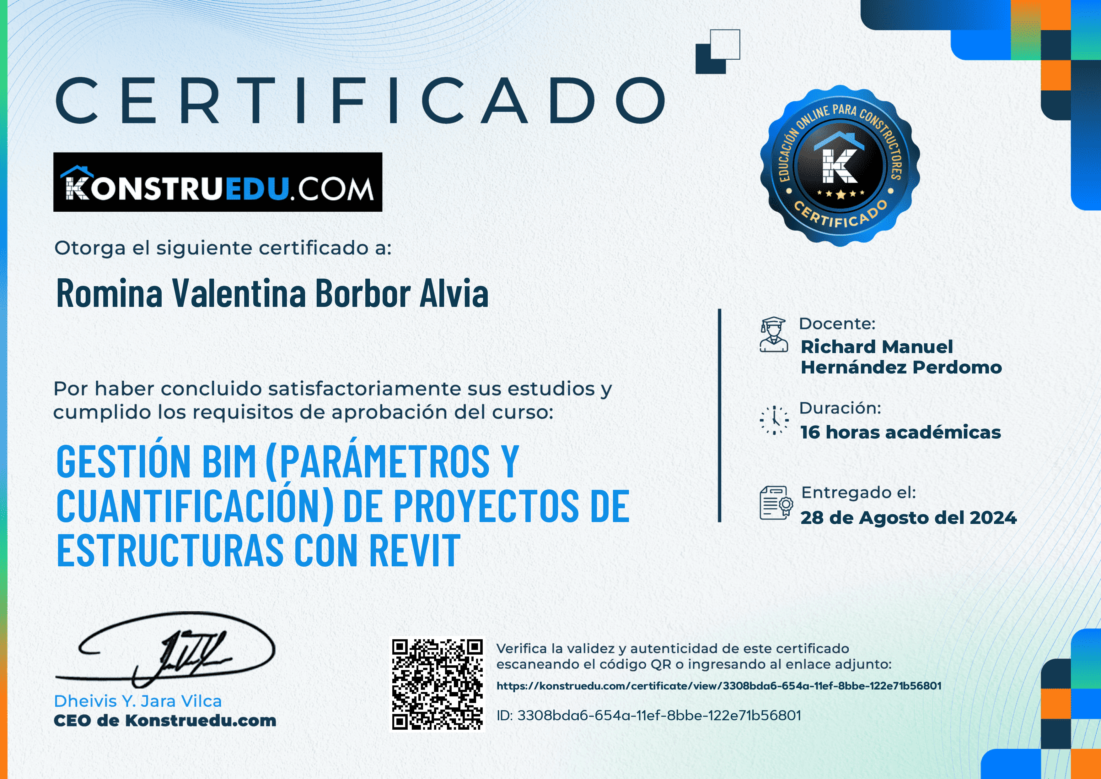 Credencial de Gestión BIM (Parámetros y cuantificación) de proyectos de estructuras con Revit