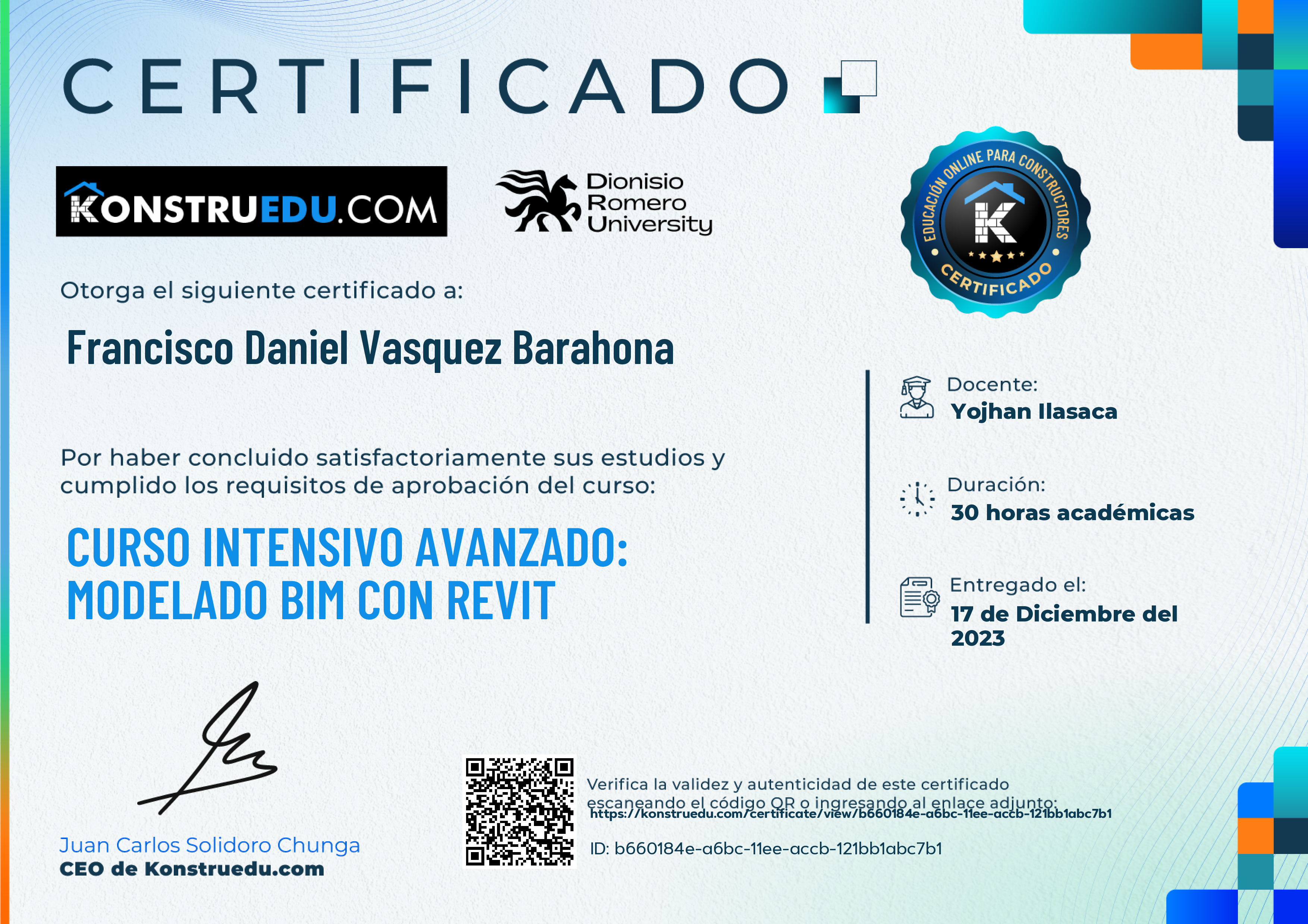 Credencial de Curso intensivo 3ra Edición: Modelado BIM con Revit Avanzado