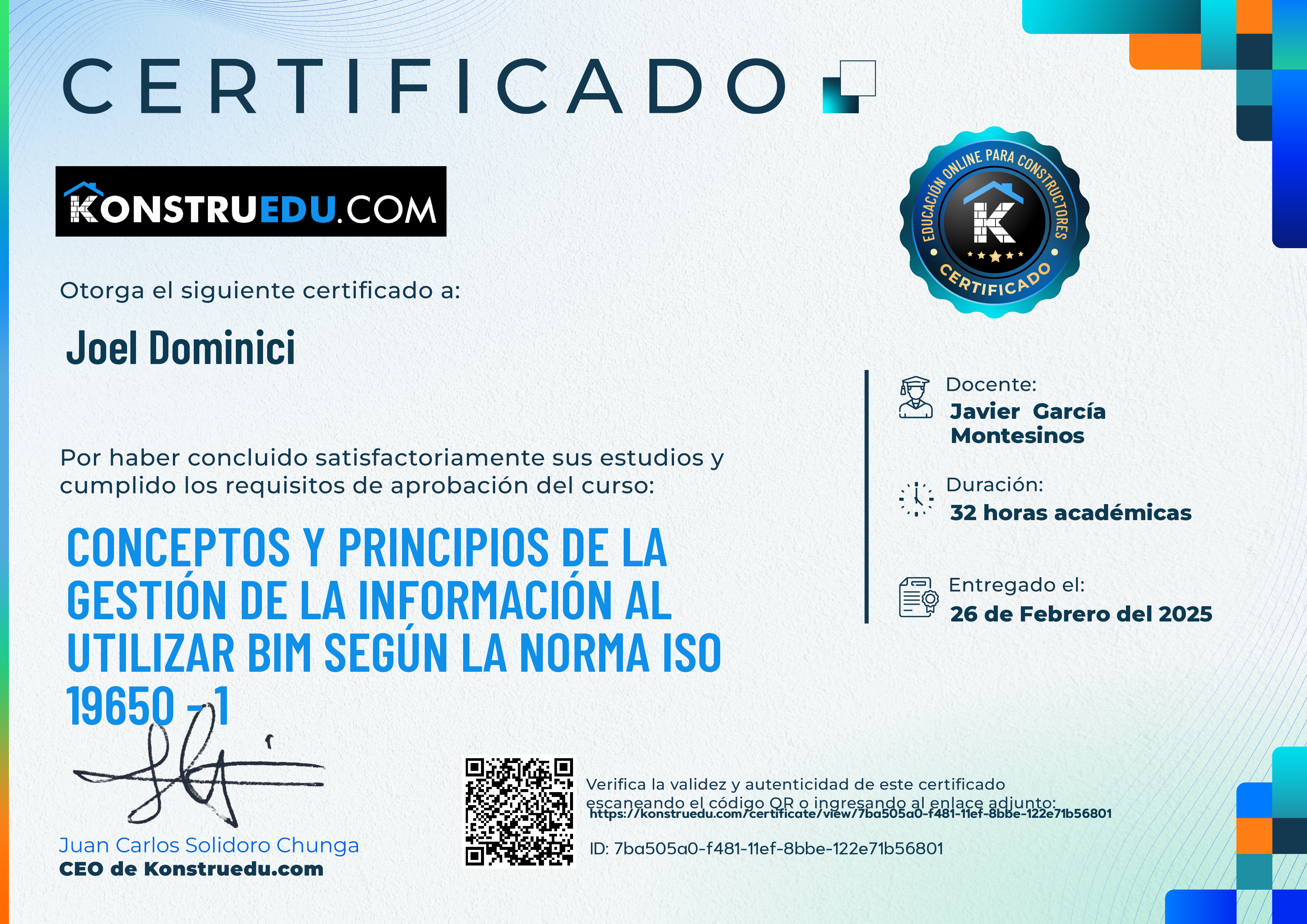 Credencial de Conceptos y principios de la Gestión de la Información al utilizar BIM según la norma ISO 19650 - 1