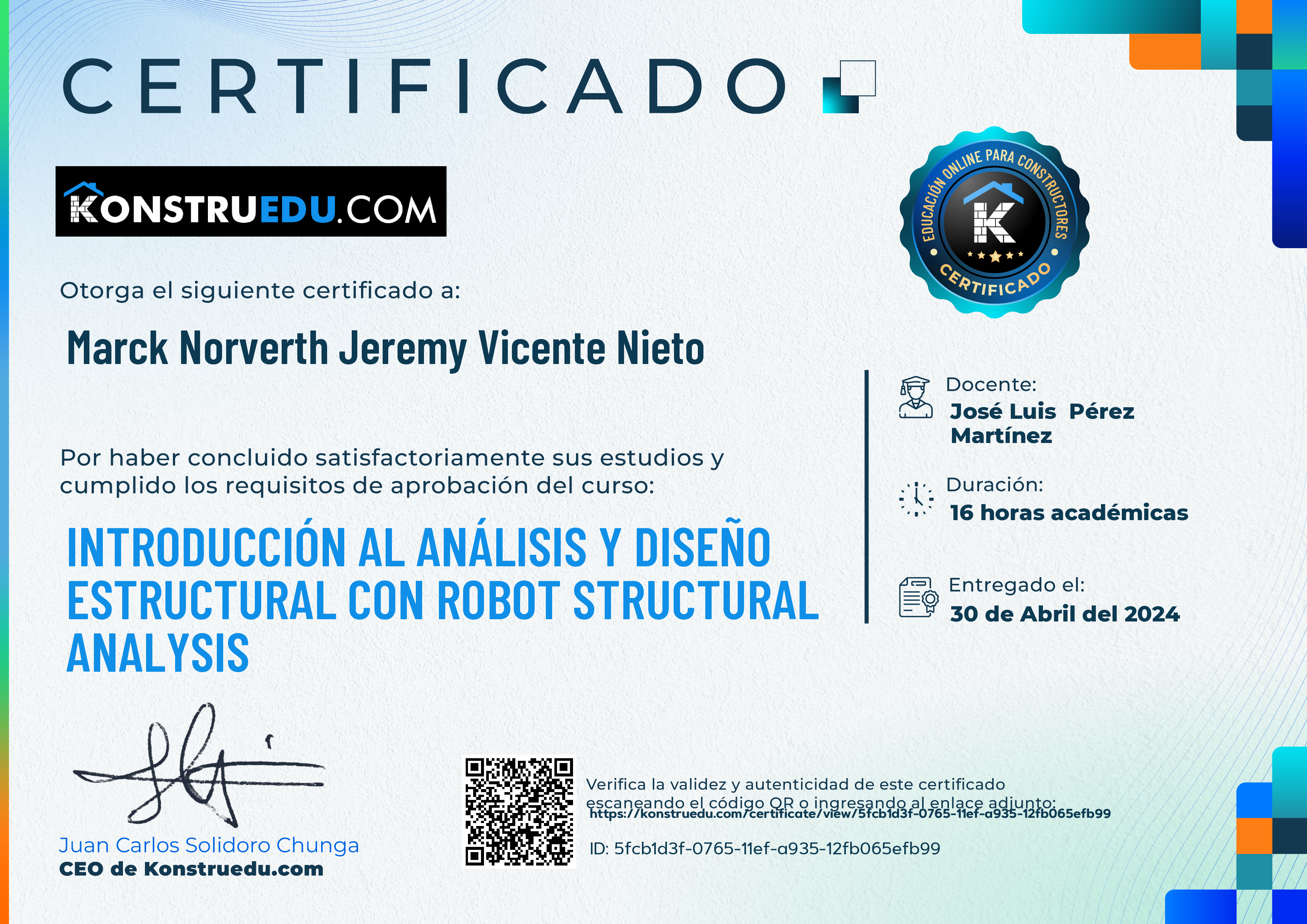 Credencial de Introducción al análisis y diseño estructural con Robot Structural Analysis