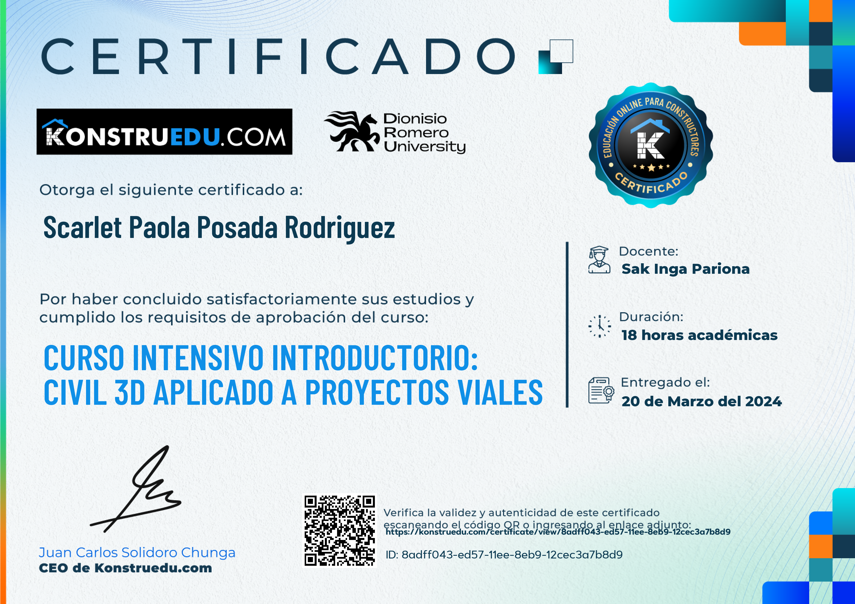 Credencial de Curso intensivo 2da Edición: Civil 3D aplicado a proyectos viales