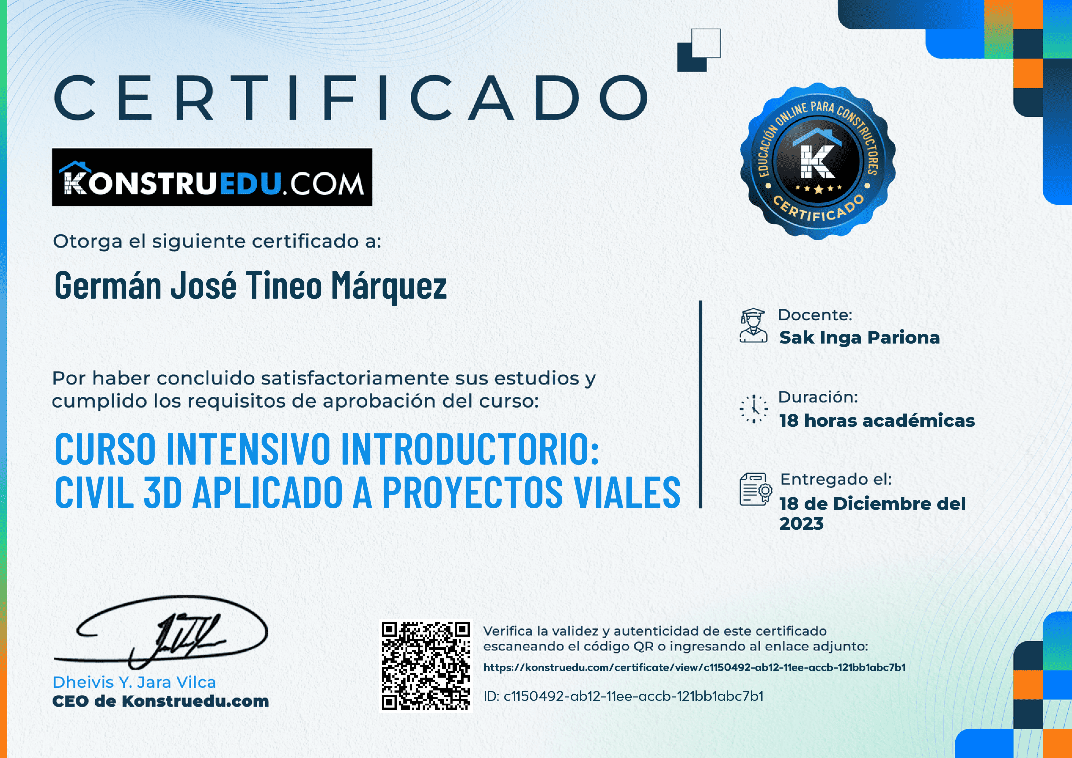 Credencial de Curso intensivo: Civil 3D aplicado a proyectos viales
