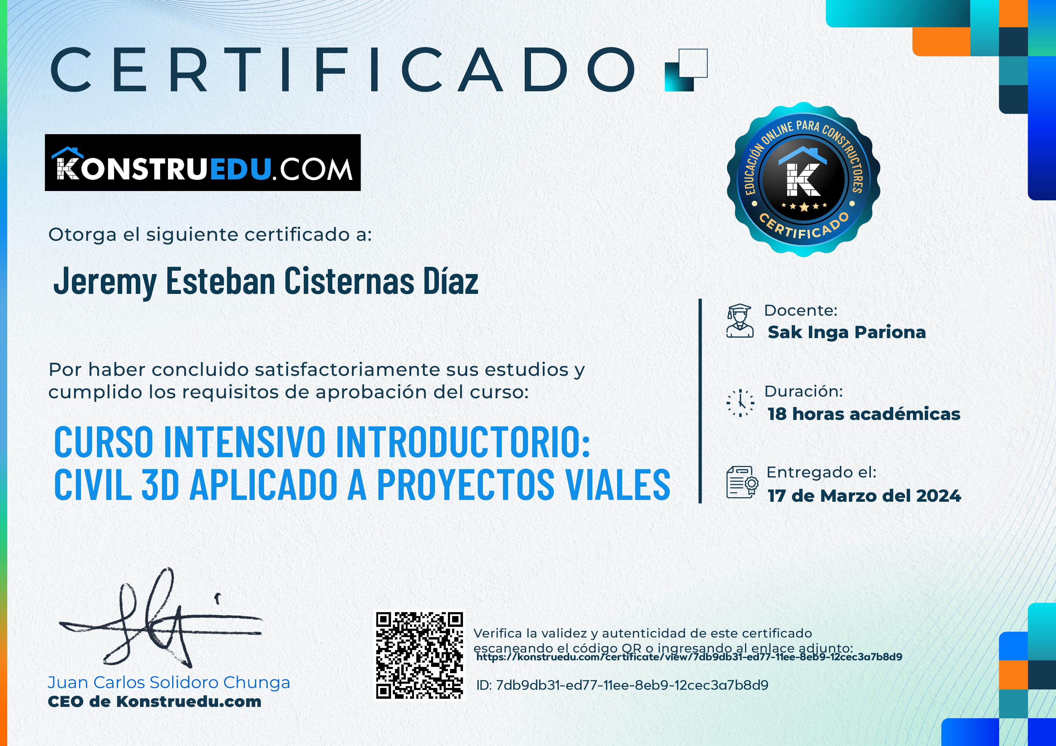 Credencial de Curso intensivo 2da Edición: Civil 3D aplicado a proyectos viales