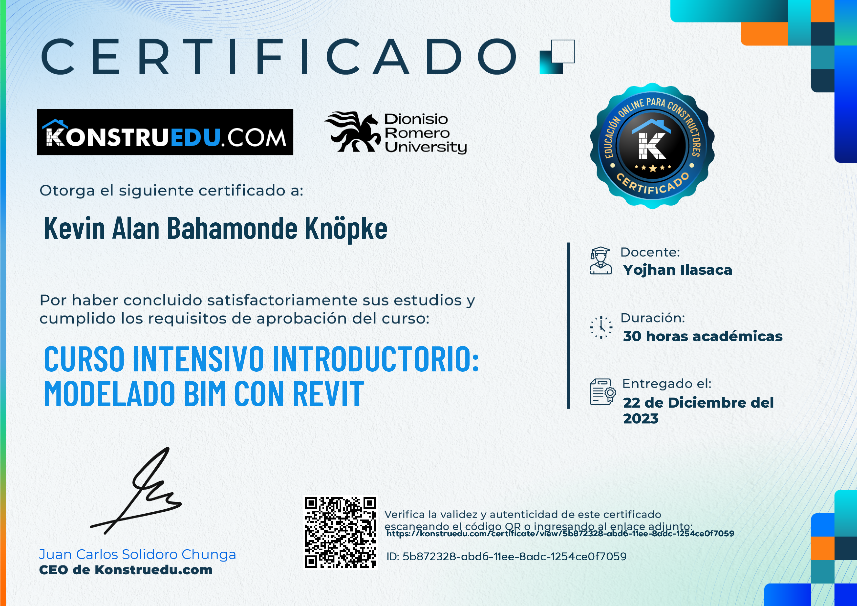 Credencial de Curso intensivo 3ra Edición: Modelado BIM con Revit Introductorio