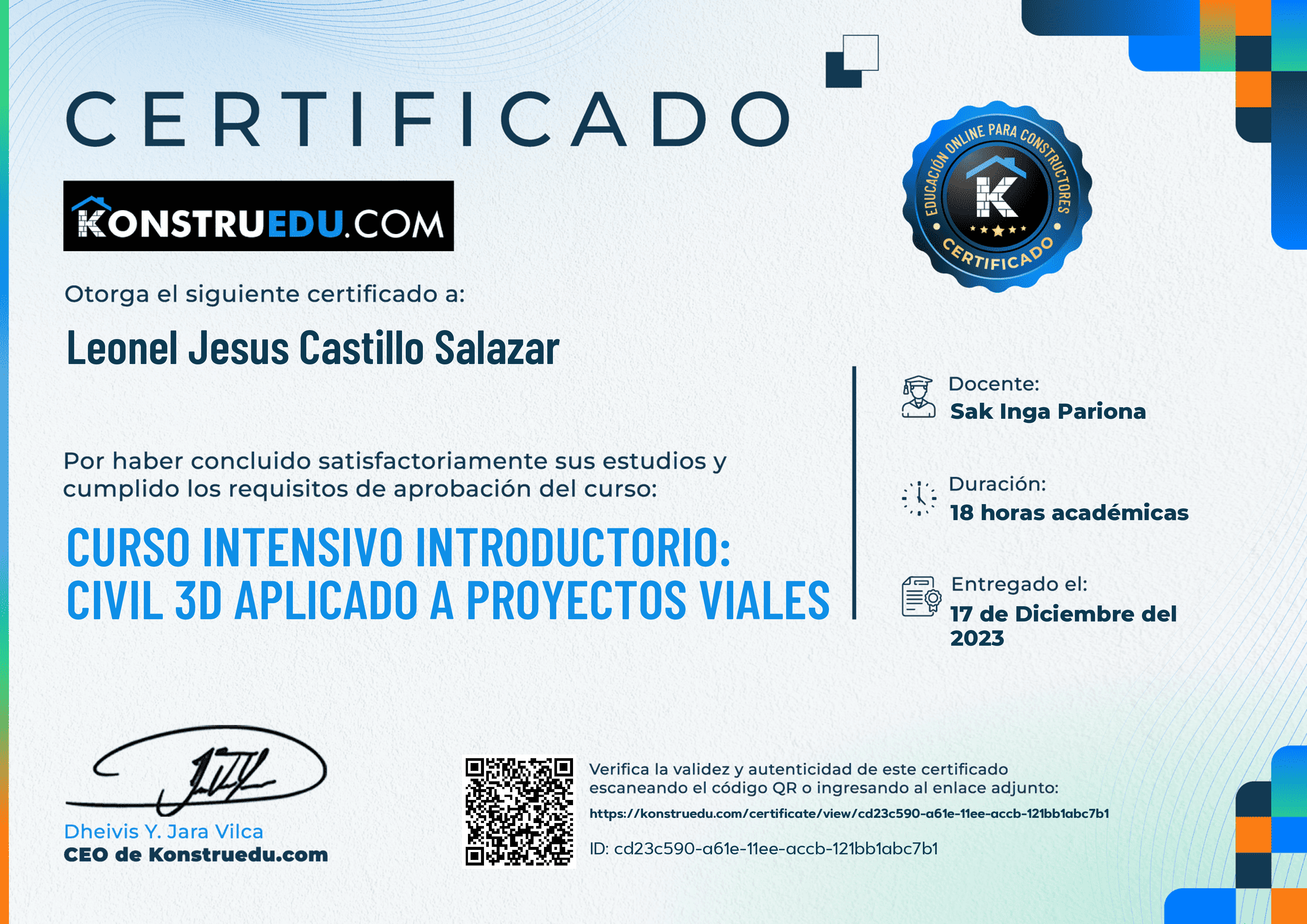 Credencial de Curso intensivo: Civil 3D aplicado a proyectos viales
