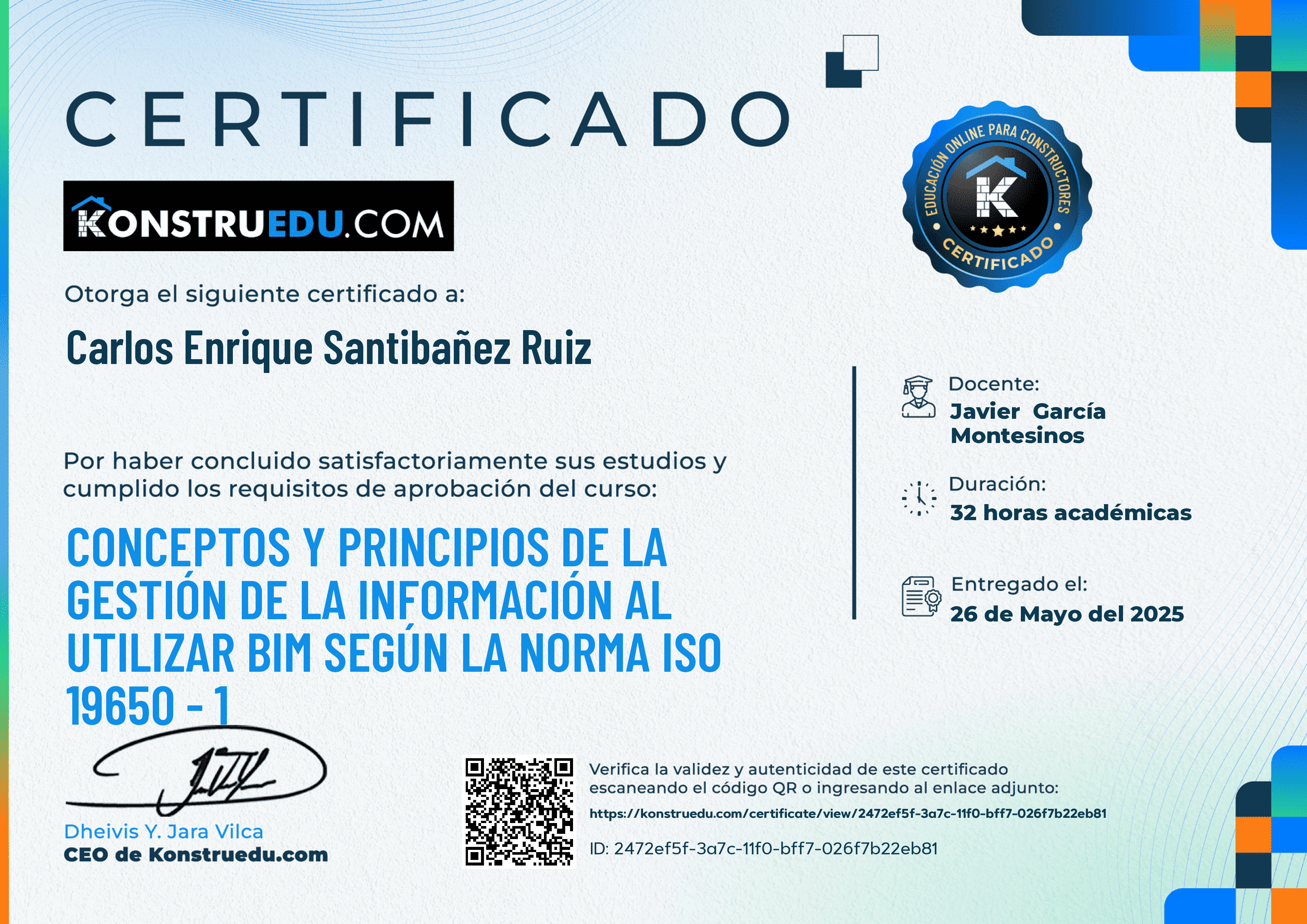 Credencial de Conceptos y principios de la Gestión de la Información al utilizar BIM según la norma ISO 19650 - 1
