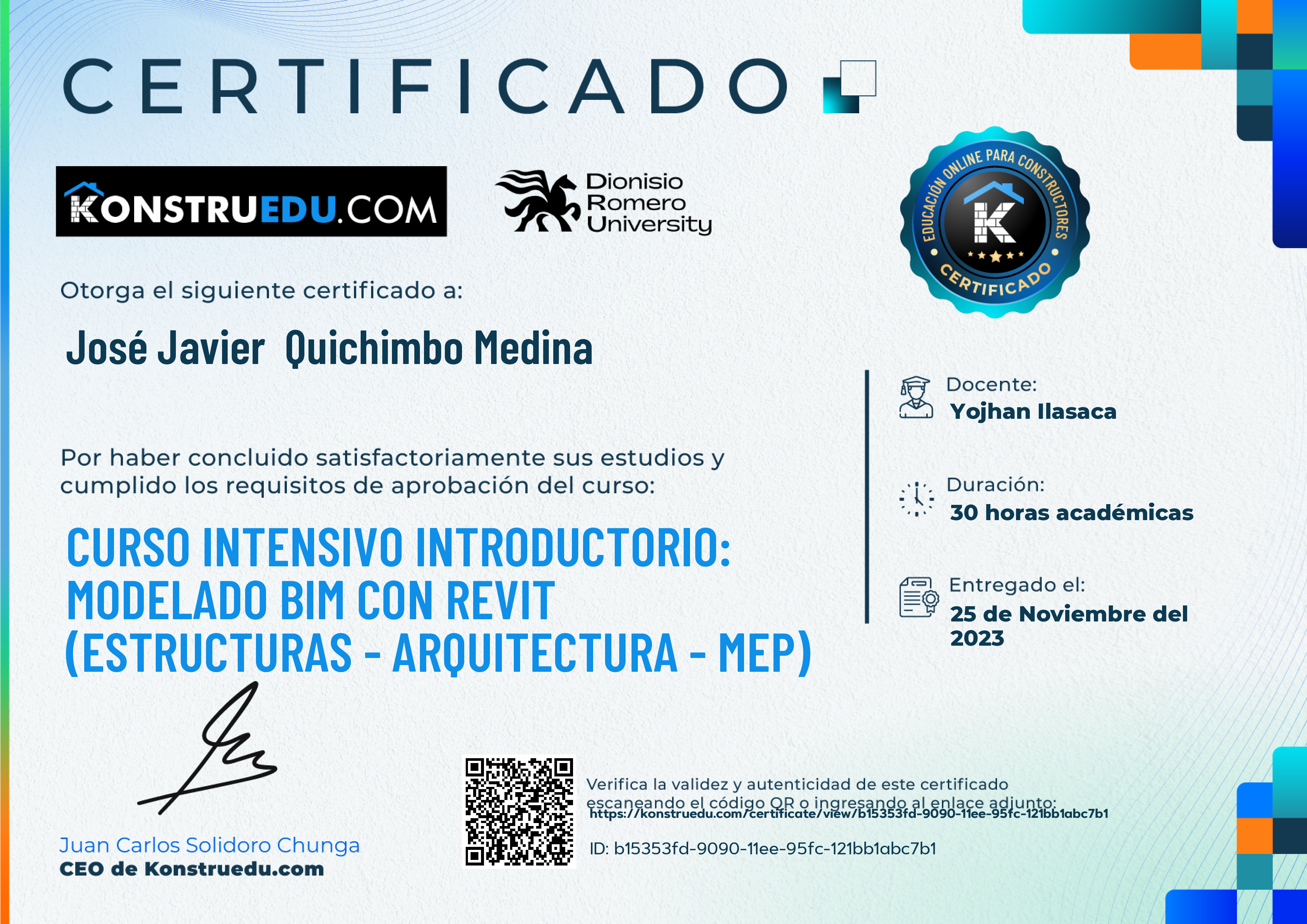 Credencial de Curso intensivo 2da Edición: Modelado BIM con Revit