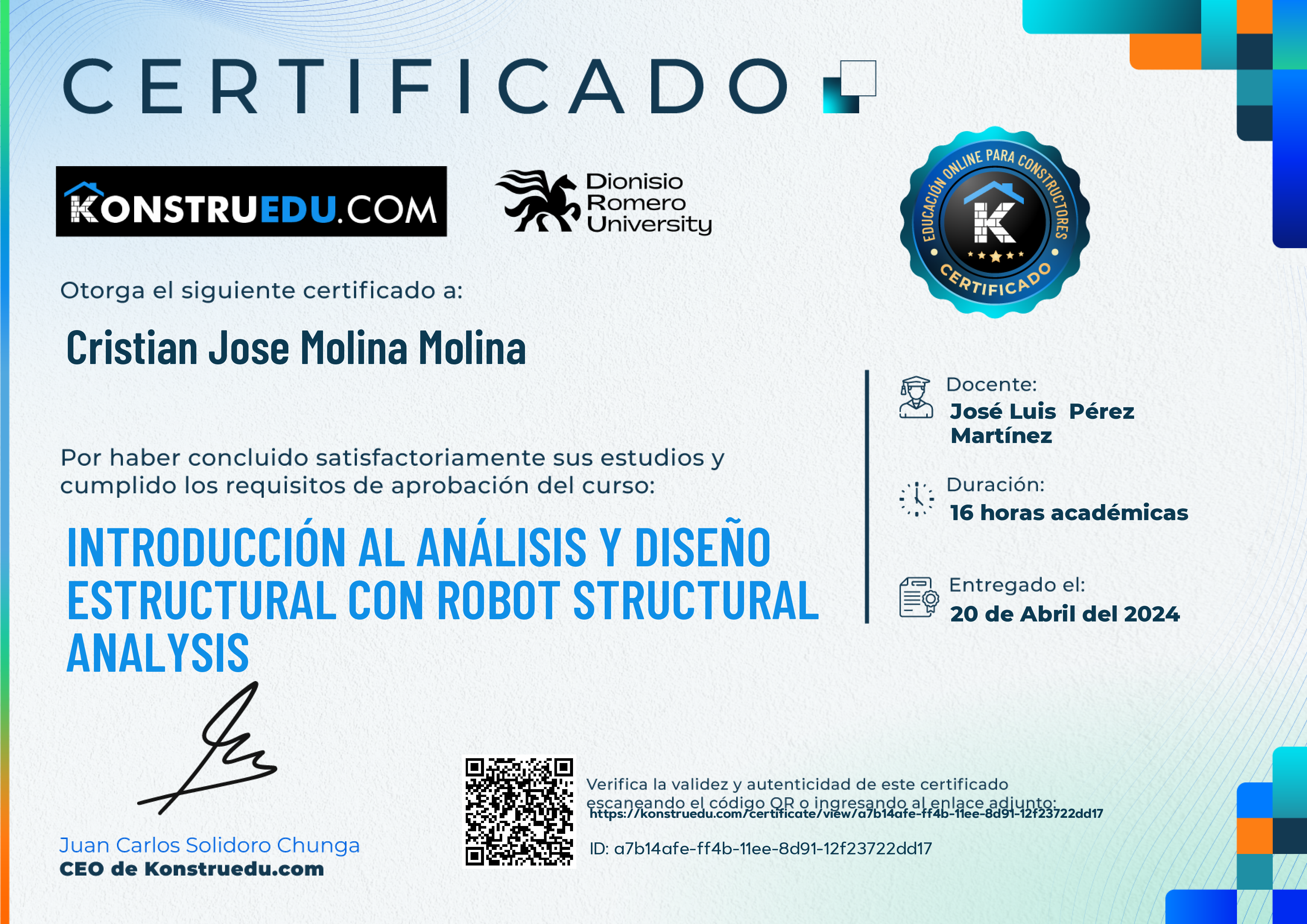 Credencial de Introducción al análisis y diseño estructural con Robot Structural Analysis
