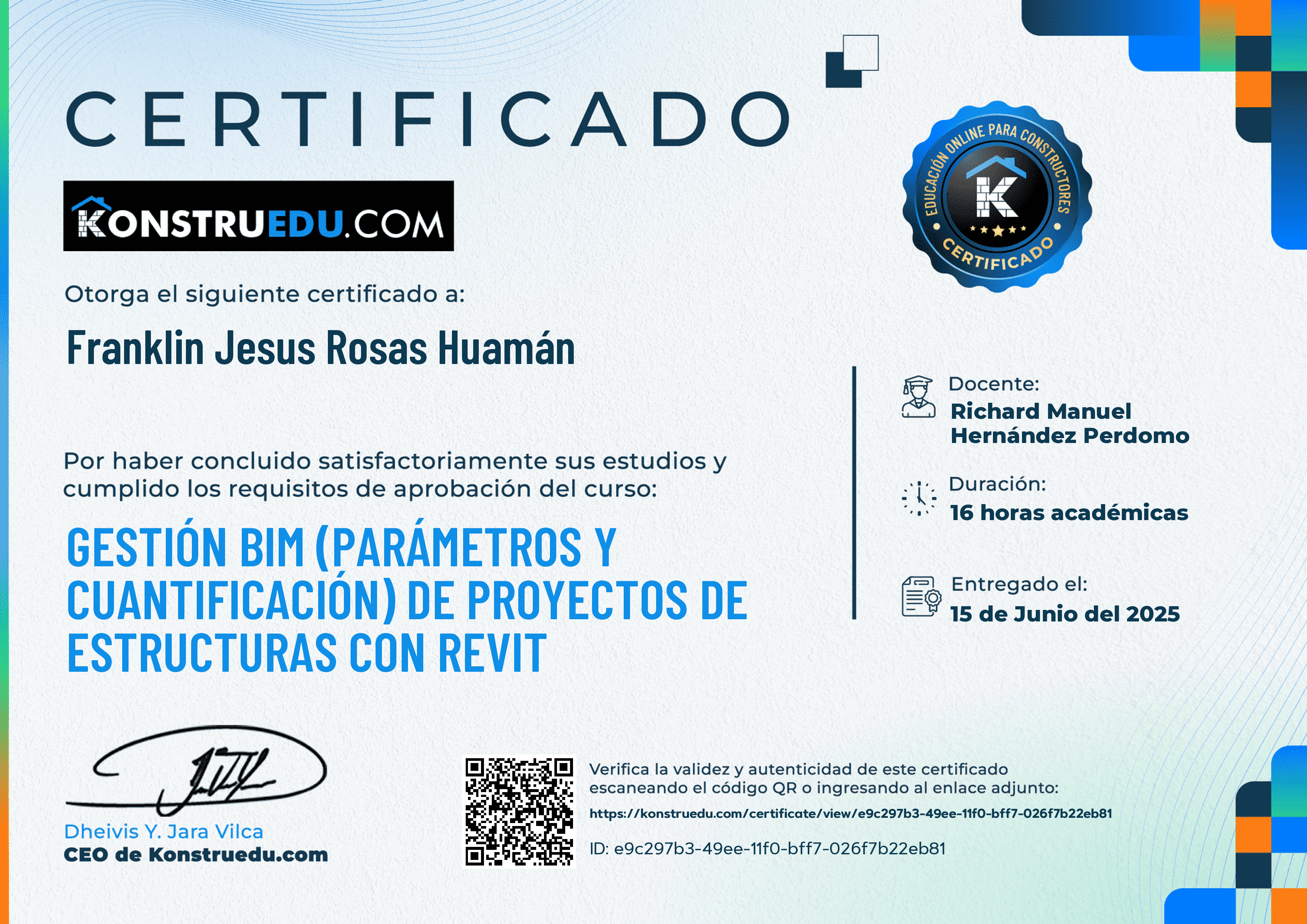 Credencial de Gestión BIM (Parámetros y cuantificación) de proyectos de estructuras con Revit