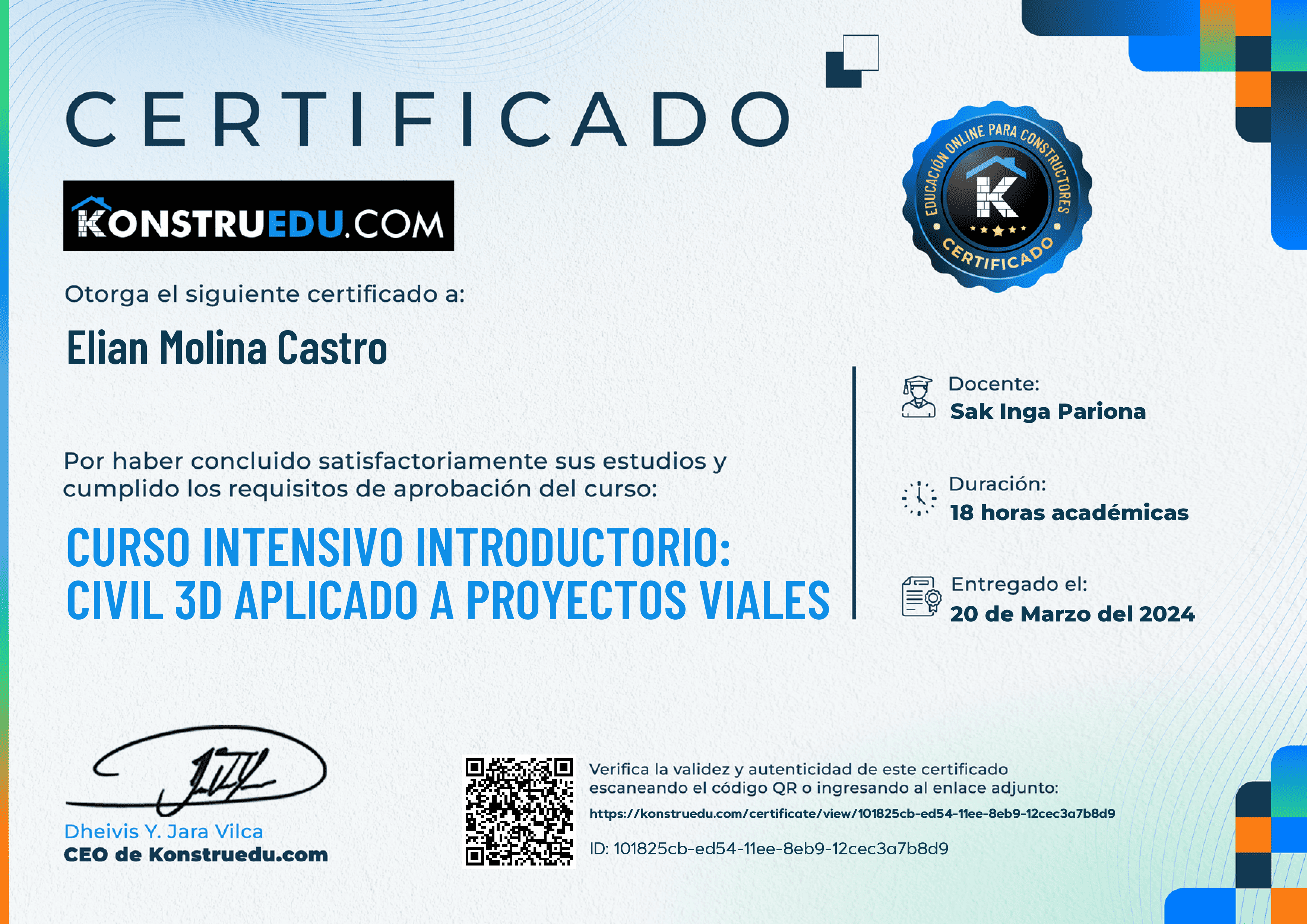 Credencial de Curso intensivo 2da Edición: Civil 3D aplicado a proyectos viales