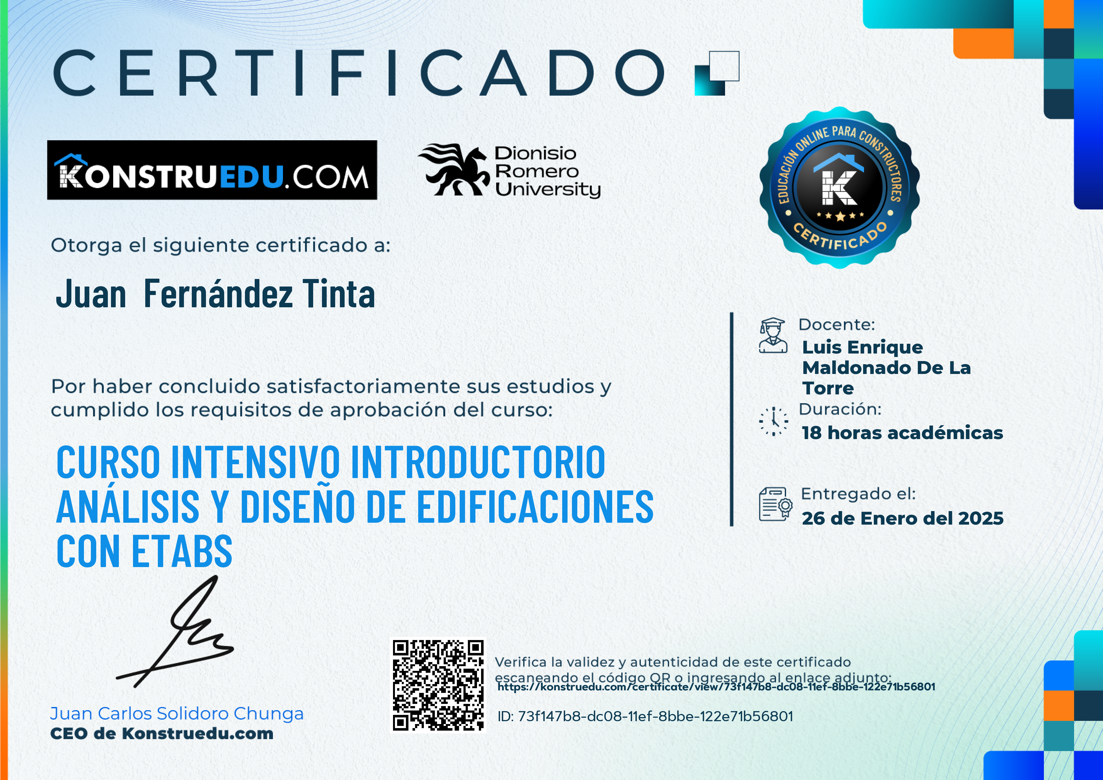 Credencial de Curso intensivo Análisis y Diseño de Edificaciones con ETABS - Introductorio